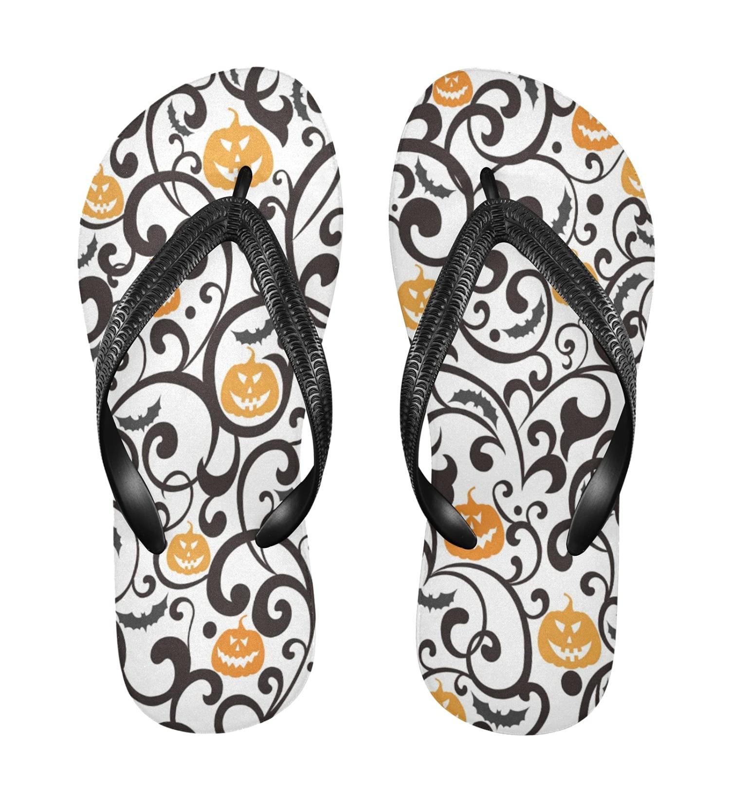 Mnsruu Halloween Damask Flower Pumpkin Flip Flops | Stylish Flip Sandals for Home Spa & Travel | XXL Size for Men & Women - Buy Online on GoSupps.com