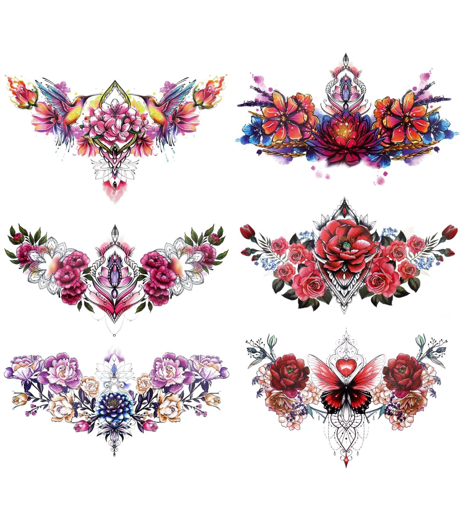 Konsait Colorful Chest Temporary Tattoos for Women - Large Adult Rose Flower Jewel Fake Tattoos - Sexy and Realistic Body Art - Buy Online on GoSupps.com