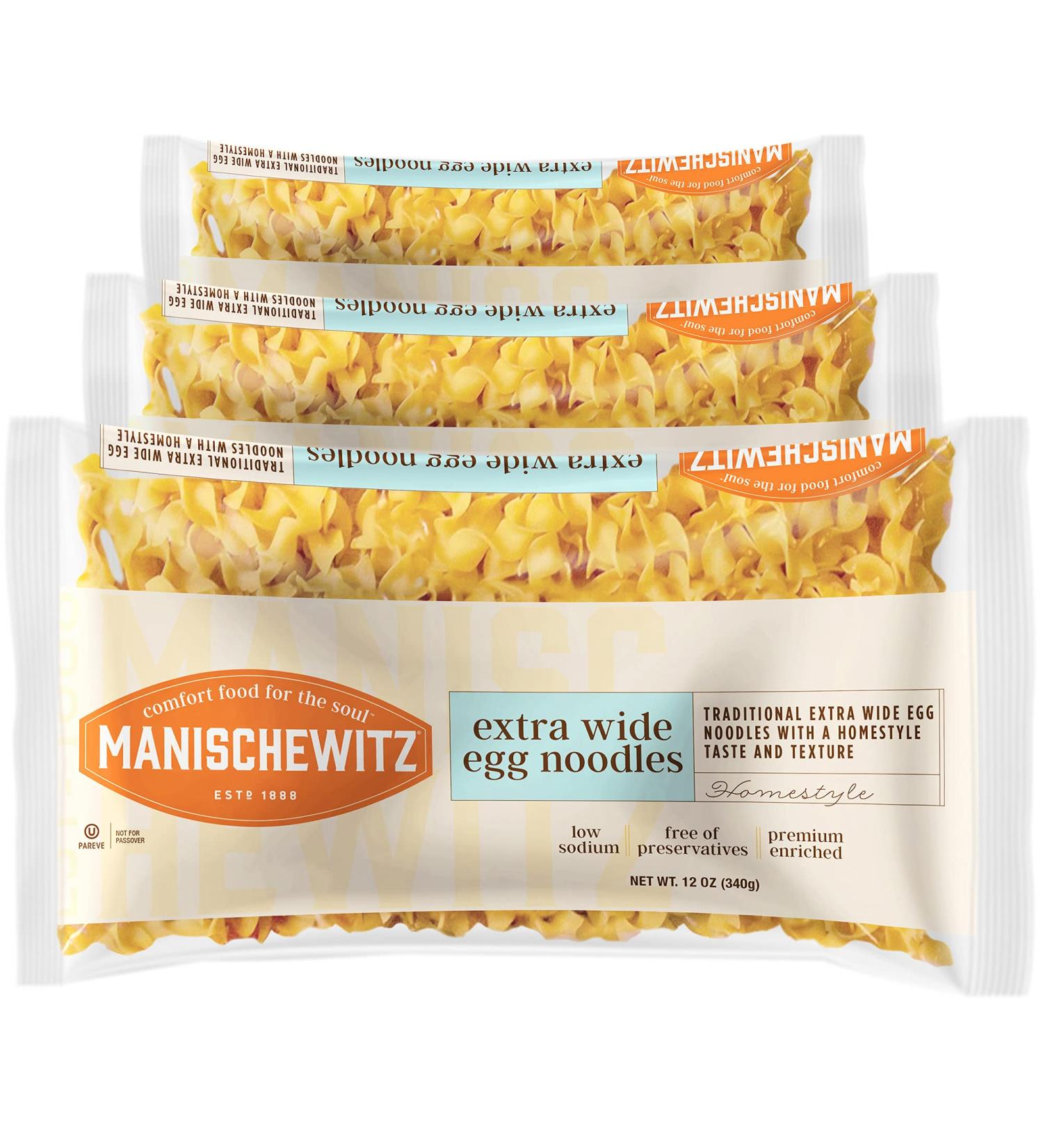 Manischewitz Traditional Extra Wide Egg Noodles 12oz (3 Pack), Homestyle Taste & Texture, Premium Enriched, Low Sodium, No Preservatives