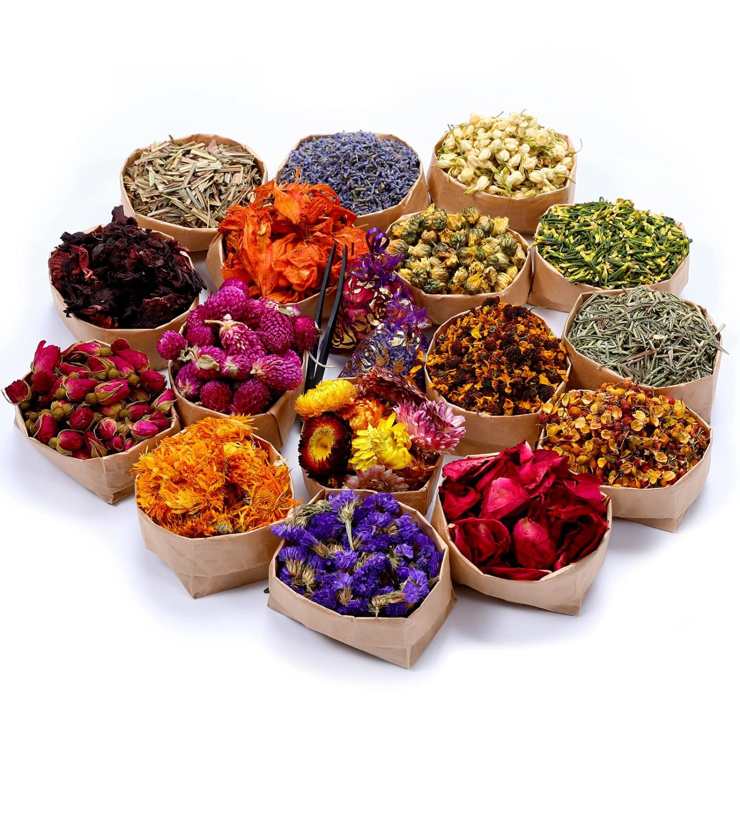 16 Bags 100% Natural Dried Flowers Herbs Kit for DIY Soap and Candle Making - Rose, Lavender, Jasmine, Rosebuds - 160g Total - Buy Online on GoSupps.com