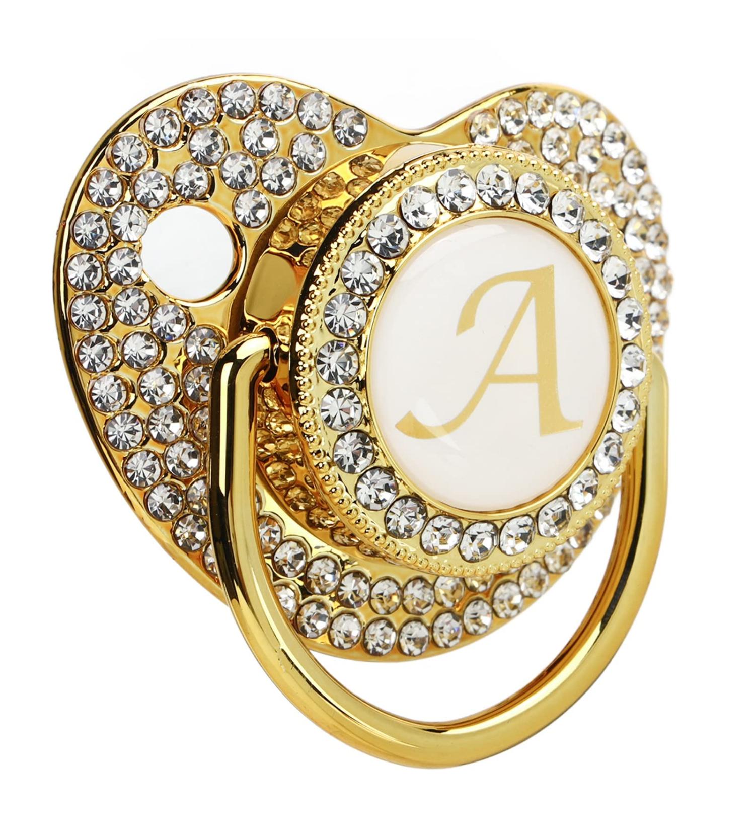 Personalized Baby Bling Pacifier Clip - Curved Gold Clip with Dust Protection | 26 Letters for Babies 6-18 Months (Letter A) - Buy Online on GoSupps.com