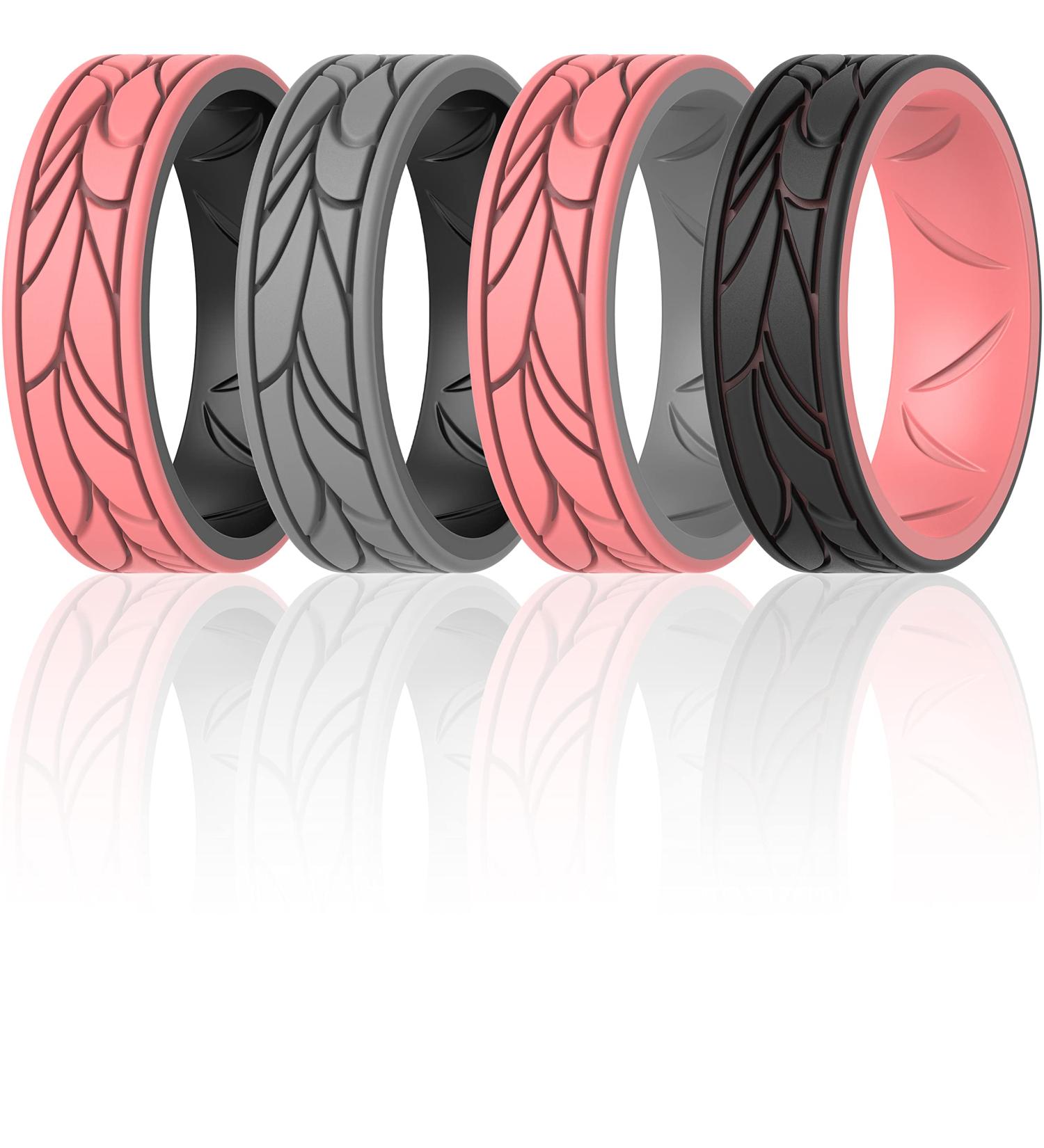 ThunderFit Silicone Bands for Women - Round Pattern Design - 6.8mm Wide - Breathable and Stylish - Black-Light Red, Black-Grey, Grey-Light Red, Light Red-Black - Size 3.5 - 4 (14.9mm) - Buy Online on GoSupps.com