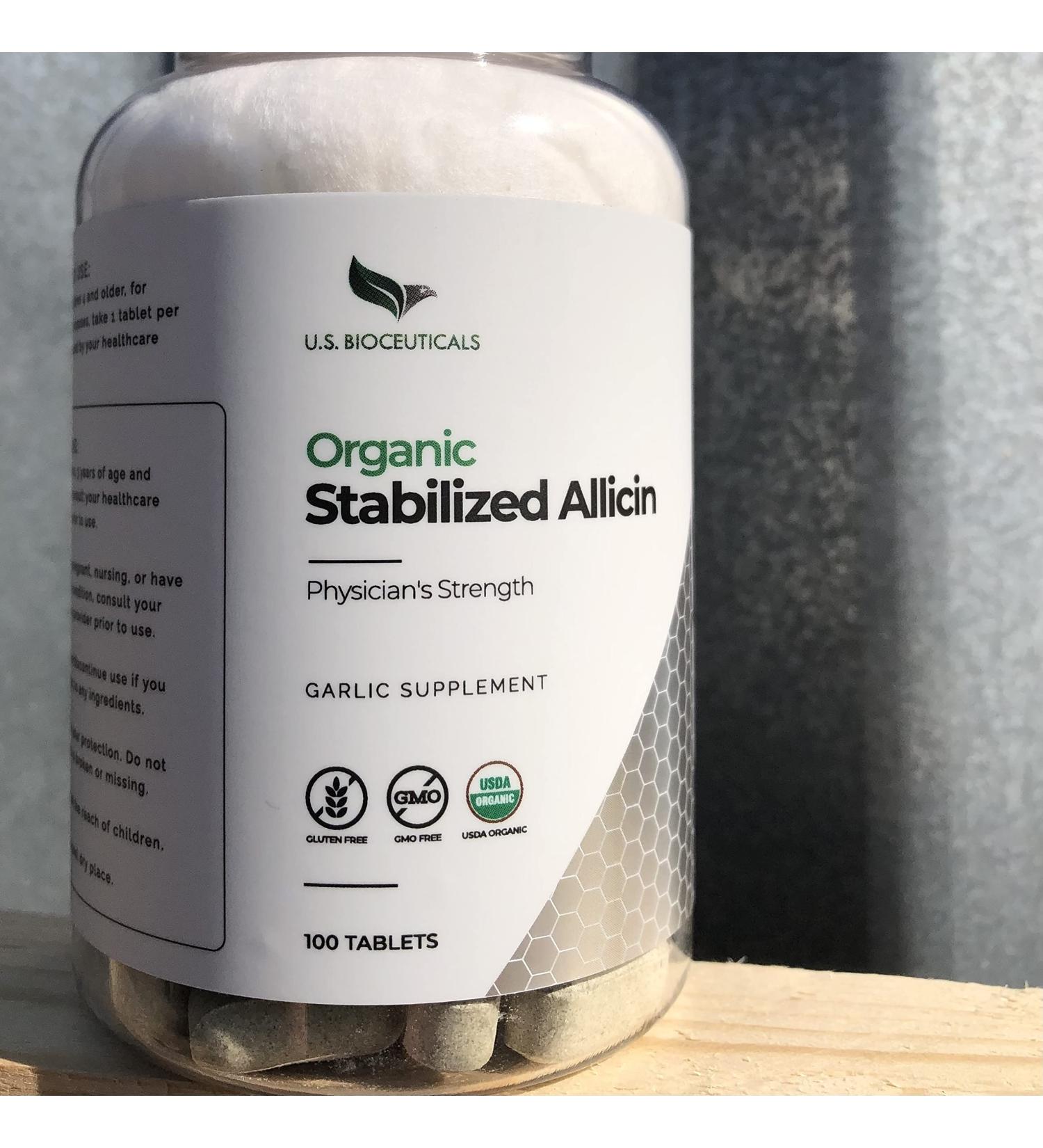 U.S. Bioceuticals Organic Stabilized Allicin Tablet with Spearmint - 700 000 mcg of Allicin per Bottle - 100 Count - USDA Certified - Laboratory Tested - Buy Online on GoSupps.com