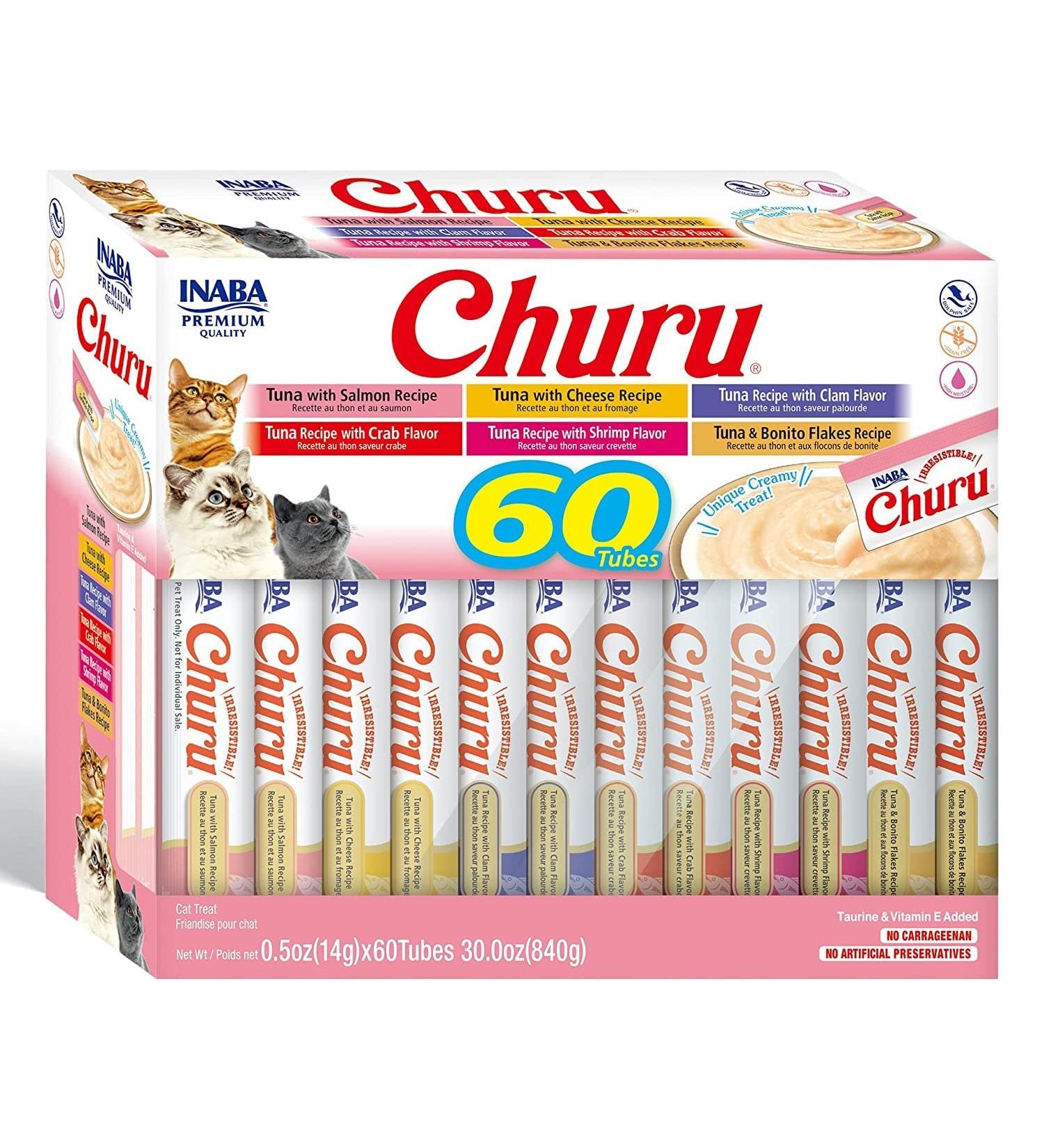 INABA Churu Cat Treats 60 Tubes Tuna Variety Box Grain-Free Squeezable Creamy Pure Cat Treat with Vitamin E & Taurine - Buy Online on GoSupps.com