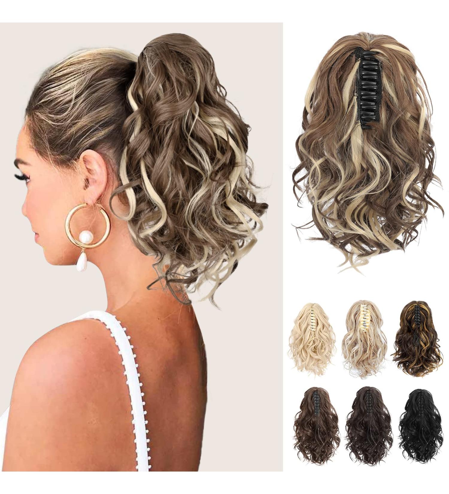 REECHO Short Curly Claw Clip Ponytail Extension - 10 Inch Light Brown with Golden Highlights - Buy Online on GoSupps.com