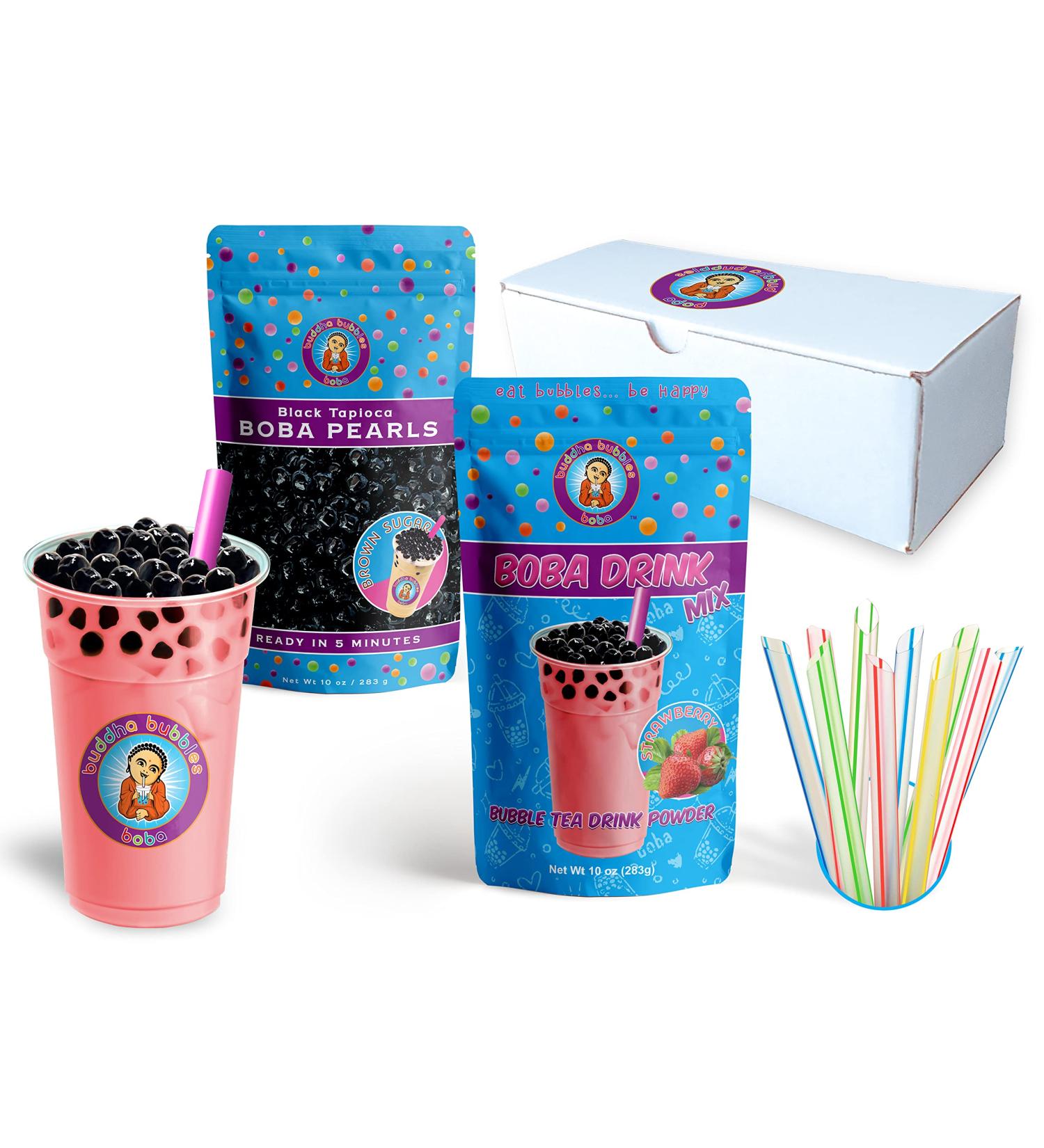 Strawberry Boba Tea Kit - Gift Box with Tea Powder, Tapioca Pearls & Straws | Buddha Bubbles Boba - Buy Online on GoSupps.com