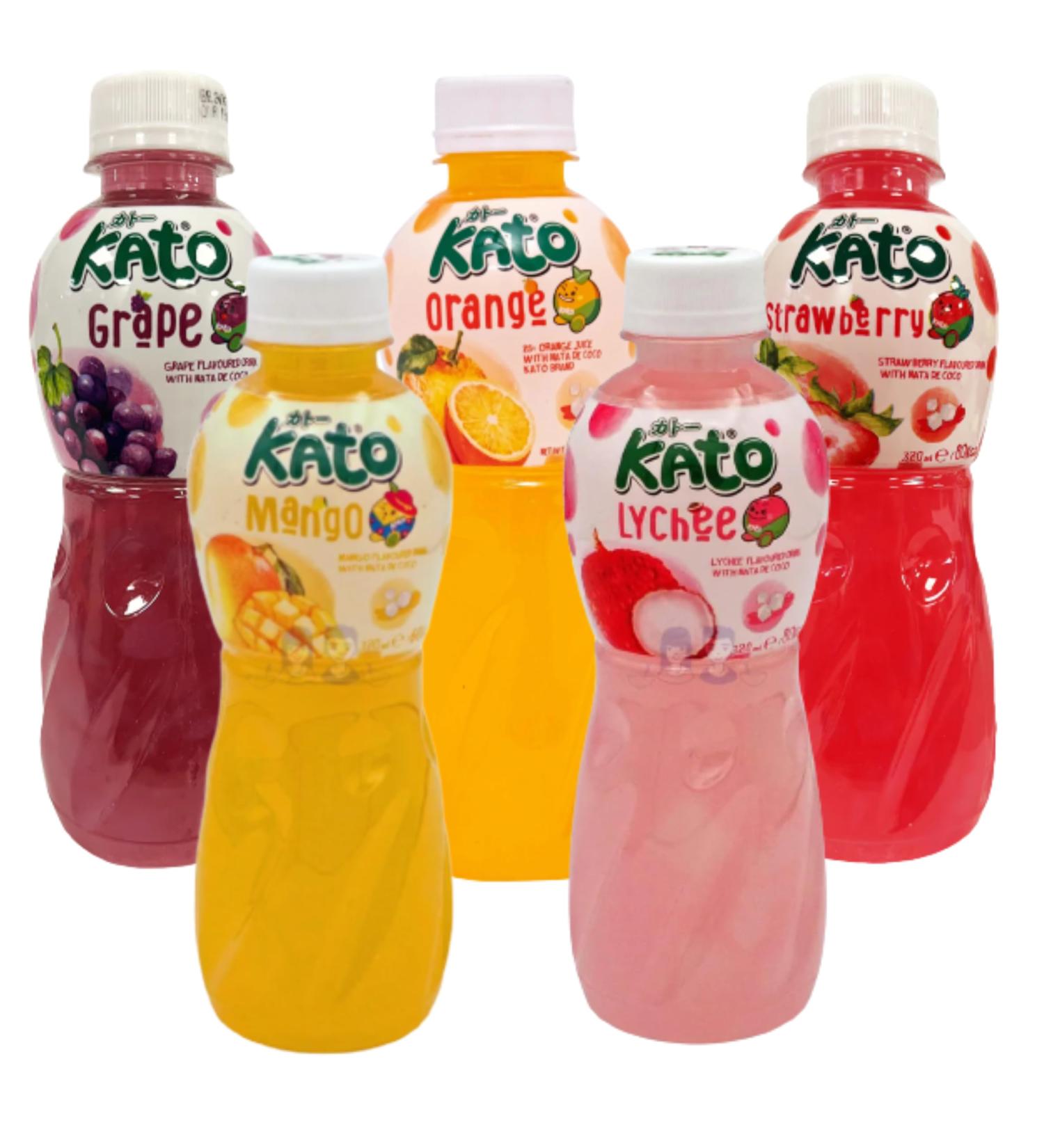 KATO Fruit Juice Drink with Nata De Coco Assorted Flavours - Pack of 5 - Orange Mango Grape Lychee Strawberry - Authentic Fruit Flavours - Chewy Nata De Coco Cubes - Refreshing On-the-Go Beverages - Buy Online on GoSupps.com