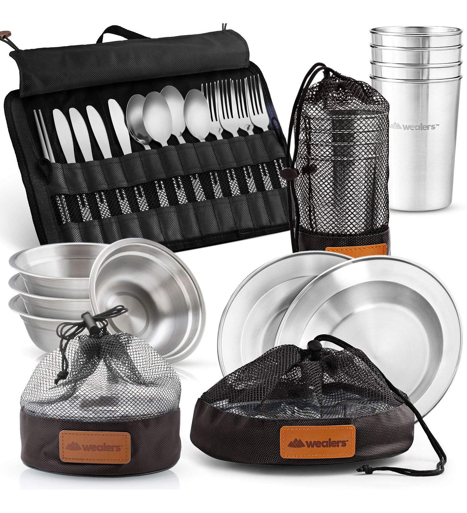 Wealers Unique Complete Messware Kit Polished Stainless Steel Dishes Set| Tableware| Dinnerware| Camping| Buffet| Includes - Cups | Plates| Bowls| Cutlery| Comes in Mesh Bags (4 Person Set) Black