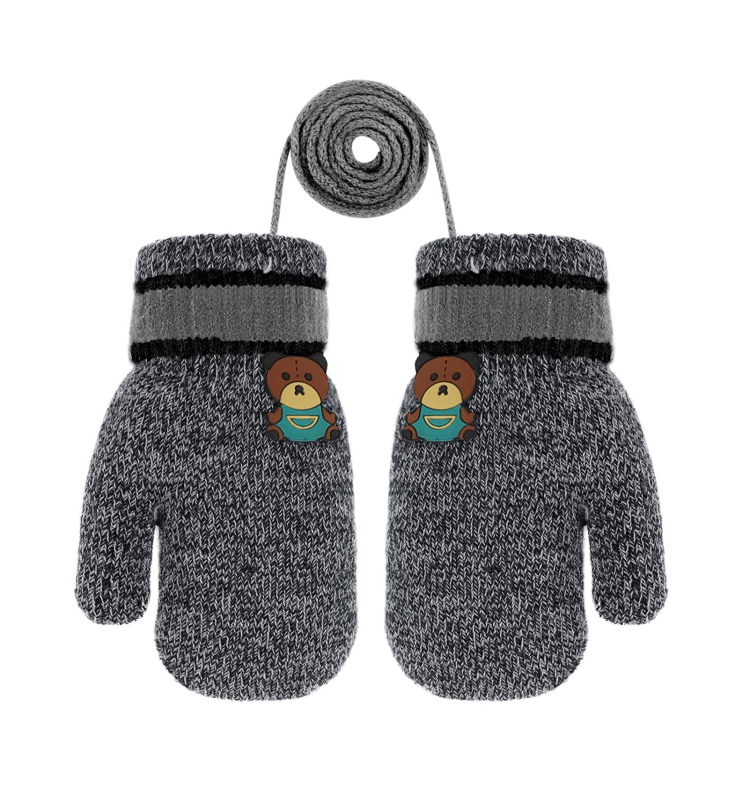 Fox Knitting Short Full Finger Gloves for Toddlers | Winter Thermal Plush Lining | 1-3 Years | Bear/Deep Grey - Buy Online on GoSupps.com