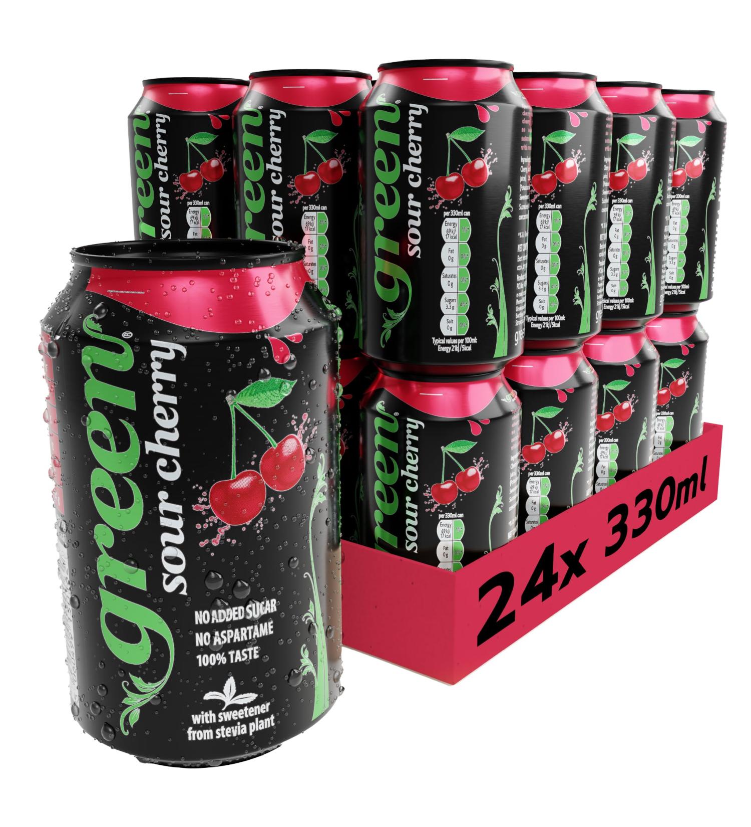 Green Cola Green Sour Cherry 24-pack of 330ml cans no added sugar low calorie naturally sparkling cherry flavor 24 x 330ml cans - Buy Online on GoSupps.com