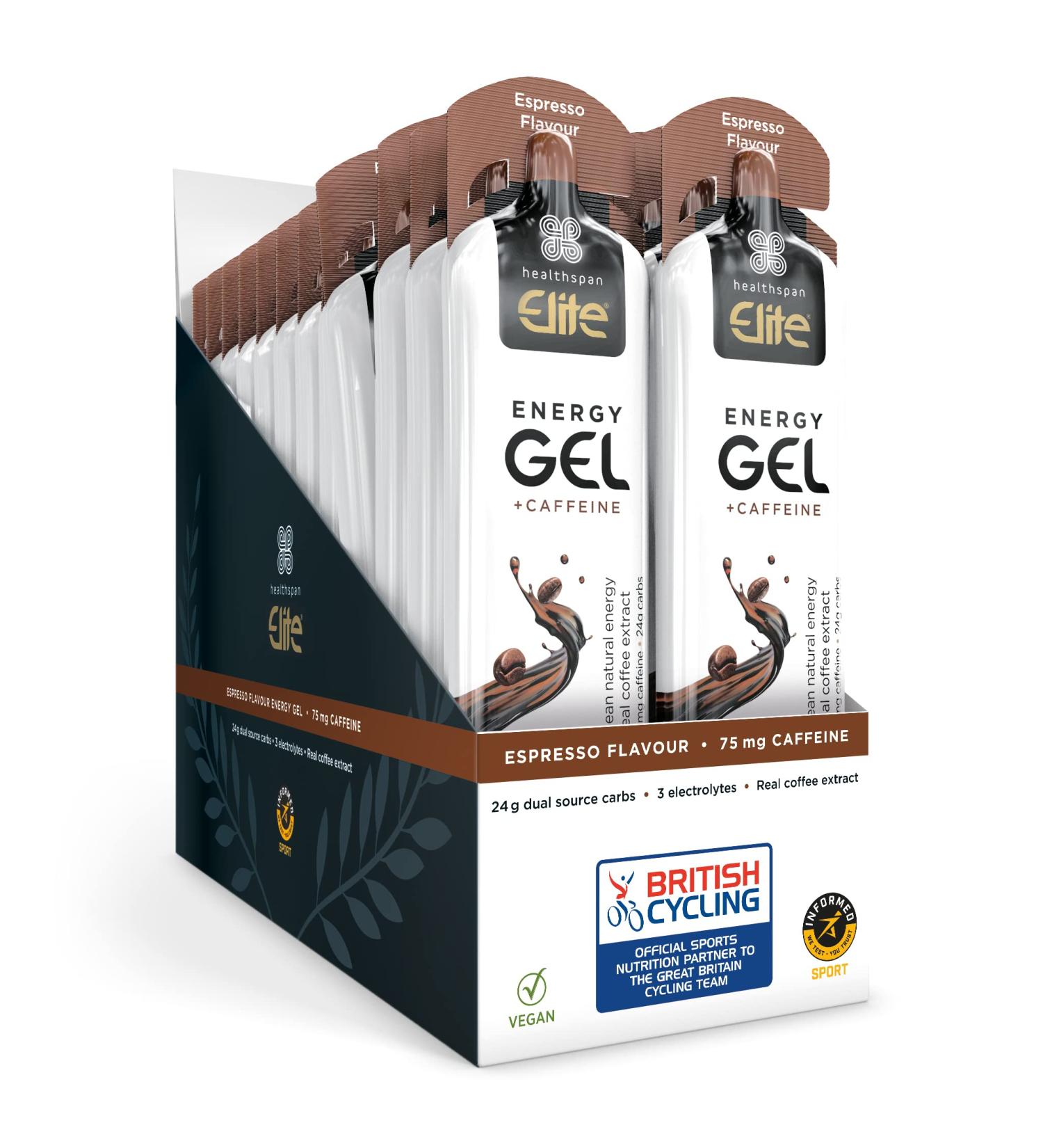 British Cycling Energy Gels | 24g Dual Source Fast Acting Carbs | 3 Electrolytes- Sodium Potassium & Calcium | Vegan (Espresso with Caffeine) - Buy Online on GoSupps.com