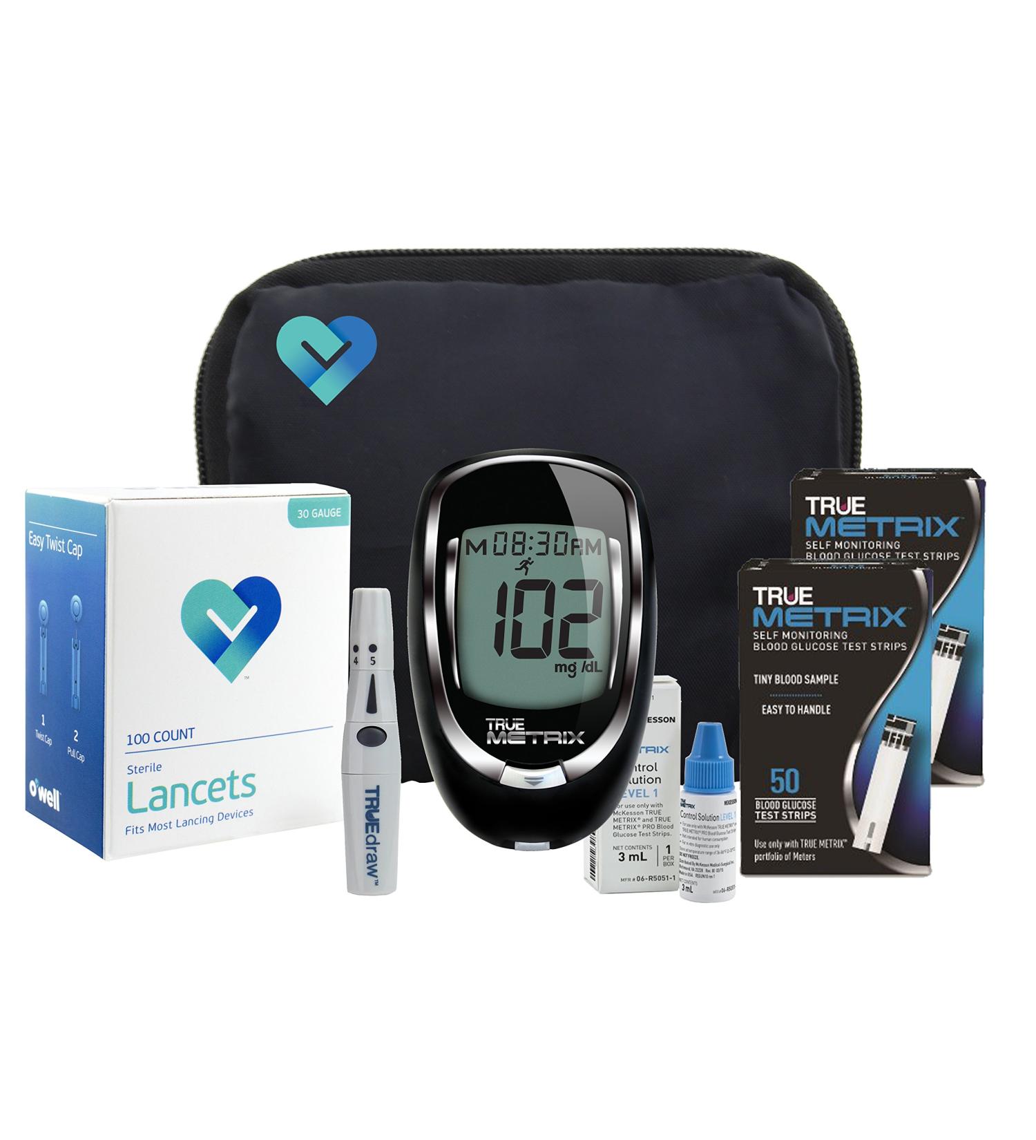 TrueMetrix Blood Glucose Testing Kit - Complete Meter Set with 100 Strips Lancets & More for Accurate Diabetes Management - Buy Online on GoSupps.com