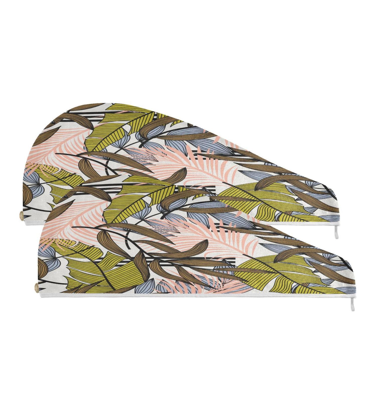 Tropical Leaves Dry Hair Cap & Quick Drying Towel Set - 2 Piece Super Absorbent Soft & Comfortable with Button Headband for All Hair Types | International Shipping Available - Buy Online on GoSupps.com