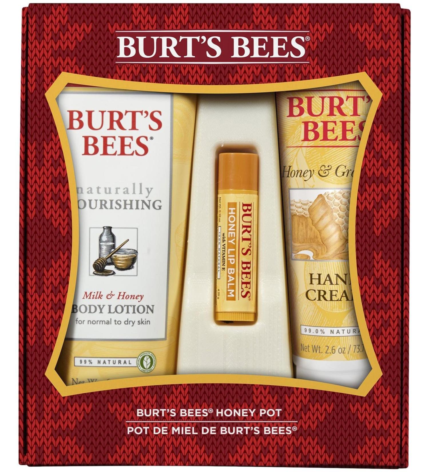 Burt's Bees Honey Pot Holiday Gift Set 3 Honey Skin Care Products Milk & Honey Body Lotion Honey & Grapeseed Hand Cream and Honey Lip Balm