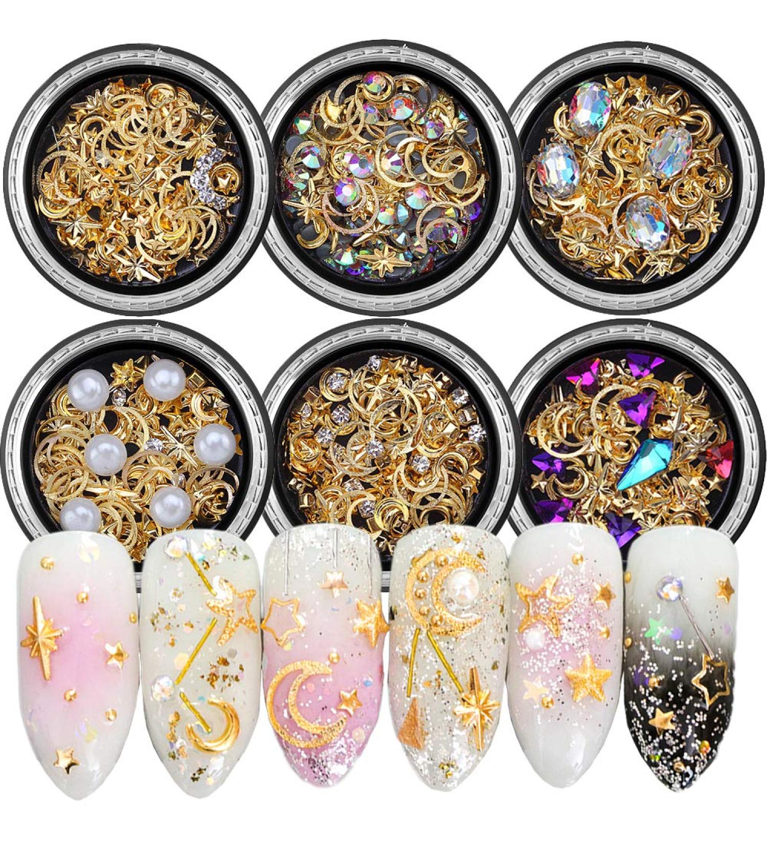 6 Pcs Gold Star Moon 3D Nail Art Charms for Women - Nail Decor Accessories - Buy Online on GoSupps.com