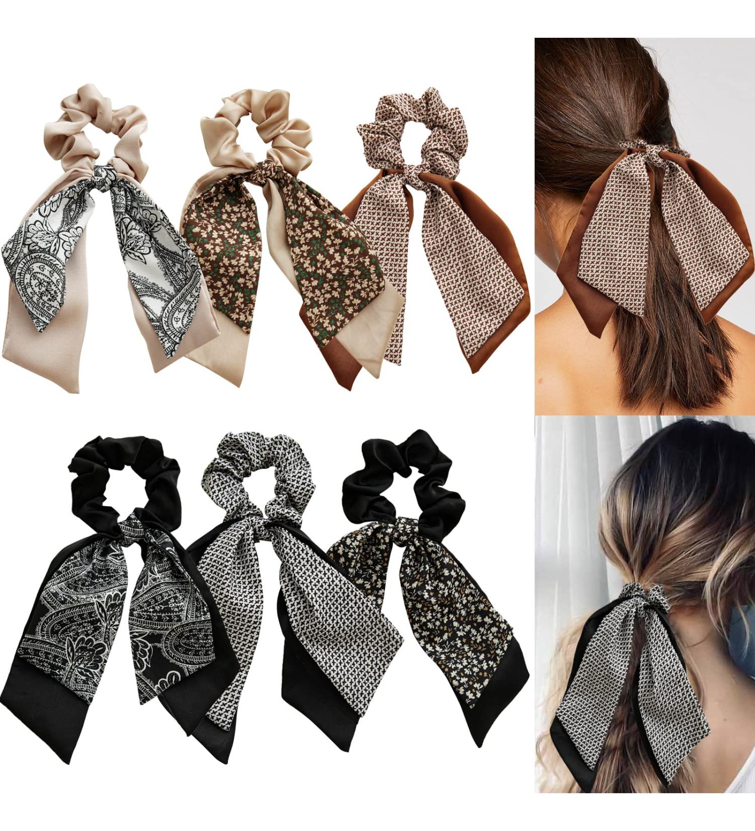 6 Pcs Bowknot Hair Bands Scarves - Double Layer Chiffon Elastic Hair Ties for Women & Girls - Ponytail Holders & Hairprint Bandana - Buy Online on GoSupps.com