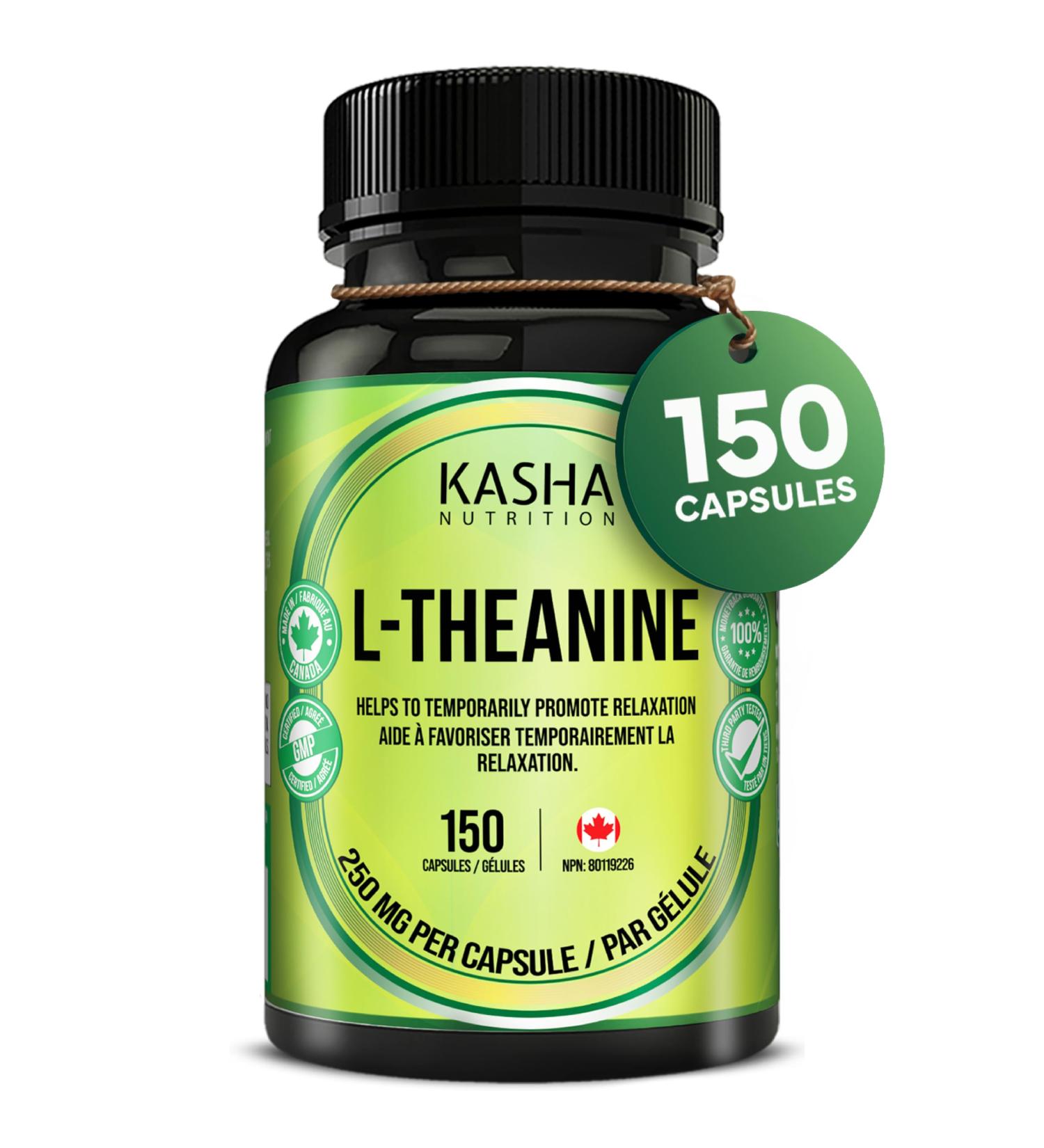 Kasha Nutrition High Potency & Purity L-Theanine 250mg (150 Capsules 5 Month Supply) - L Theanine Promotes Relaxation for Men and Women | Stress Support Mental Calmness Relax | 5 Month Supply | Vegan Non-GMO and Made in Canada - Buy Online on GoSupps.com