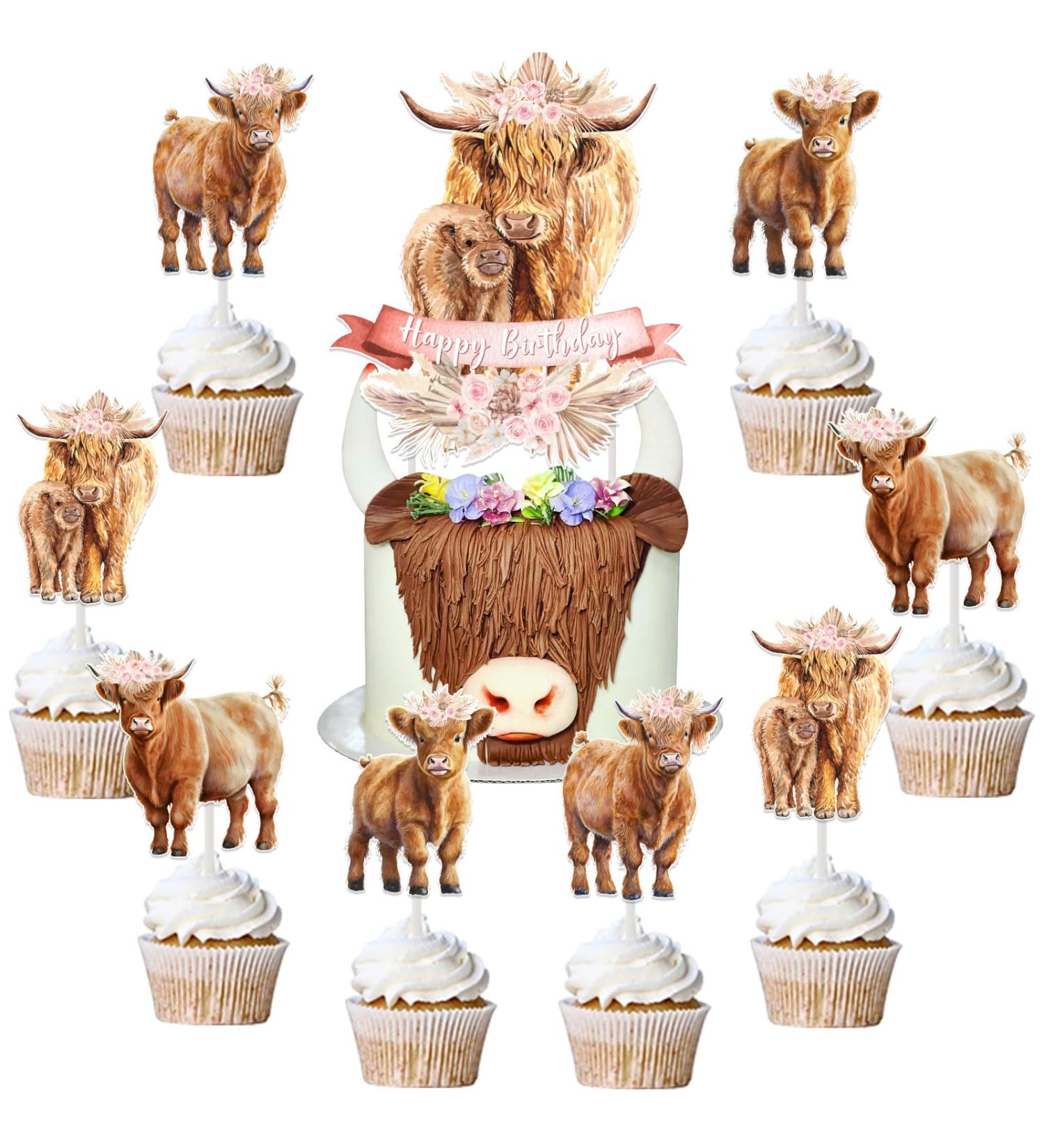Highland Cow Birthday Party Decorations Girl 25pcs Highland Cow Cake Toppers Highland Cattle Birthday Cake Decorations for Boho Retro Floral Highland Cow Holy Cow Farm Animal Birthday Decorations - Buy Online on GoSupps.com