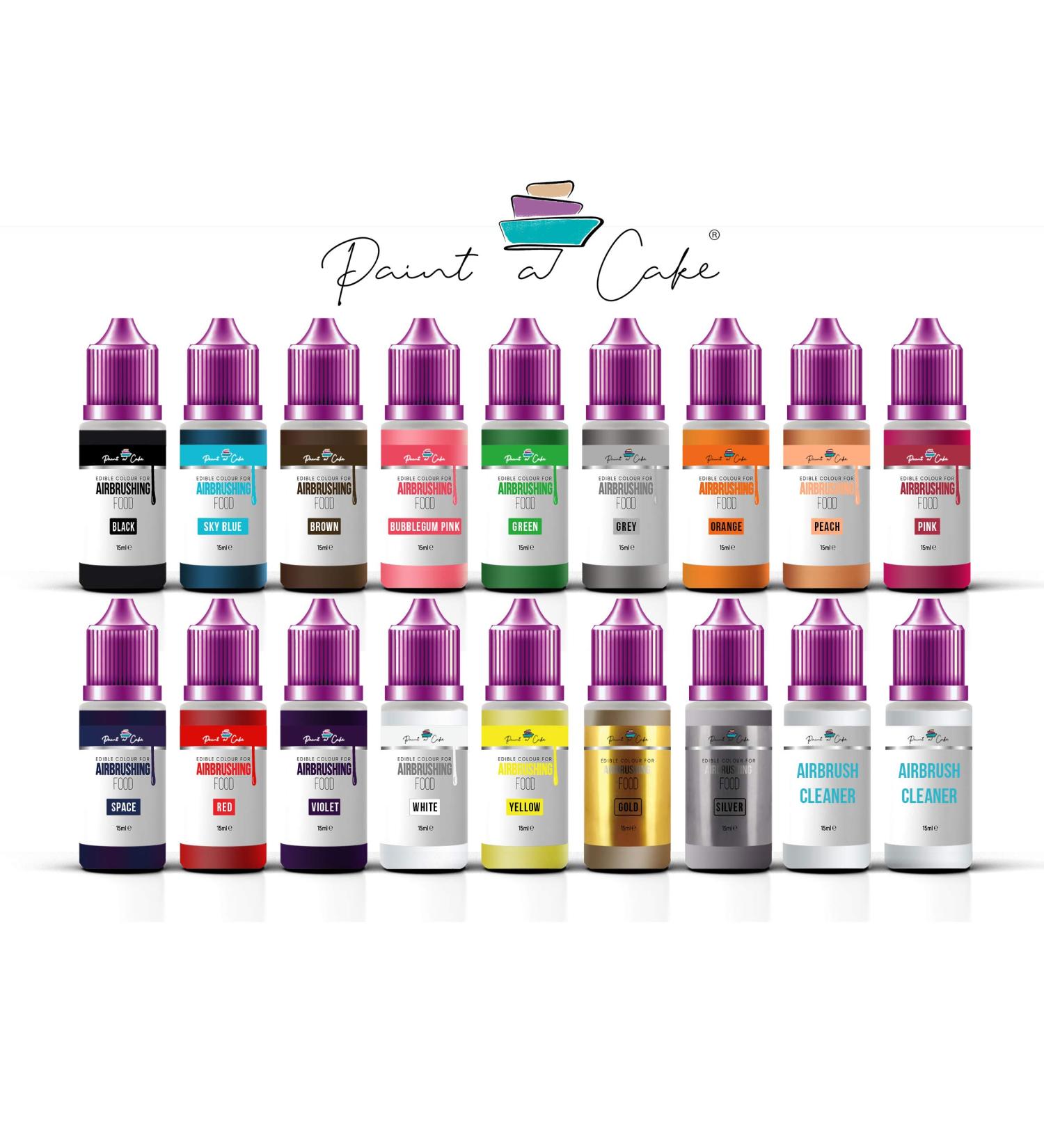 Set of 16 Edible Airbrush Colours for Cake Decorating by Paint a Cake. Can be Used on Sugar Paste Fondant Chocolate. Liquid Food Colors for Airbrushing Cakes + 2x15ml Cleaner UK - Buy Online on GoSupps.com