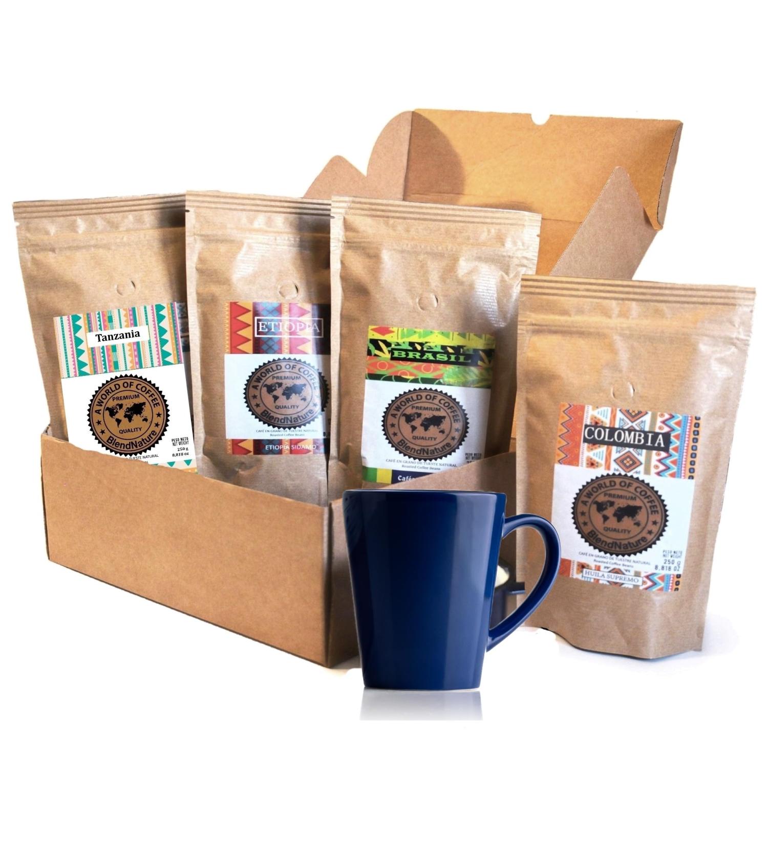 Coffee Pack 4 x 250g Beans - Selection of the best coffees in the world Arabicas + Brazil Colombia Ethiopia and Uganda + Gift Box + Vintage Mug - Maximum quality approved by the SCA - Buy Online on GoSupps.com