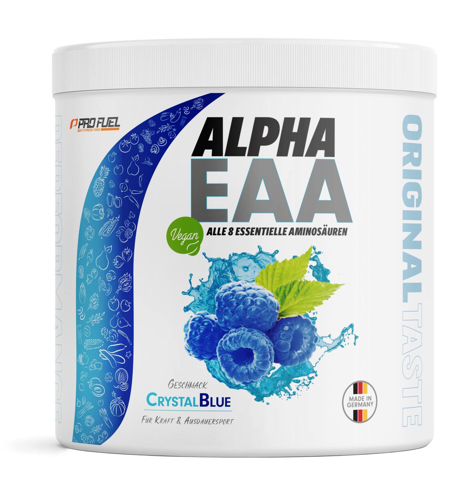 Alpha EAA Powder 462g - Vegan Blue Raspberry Amino Acid Drink | All 8 Essential Amino Acids | Made in Germany | Optimal Performance - Buy Online on GoSupps.com