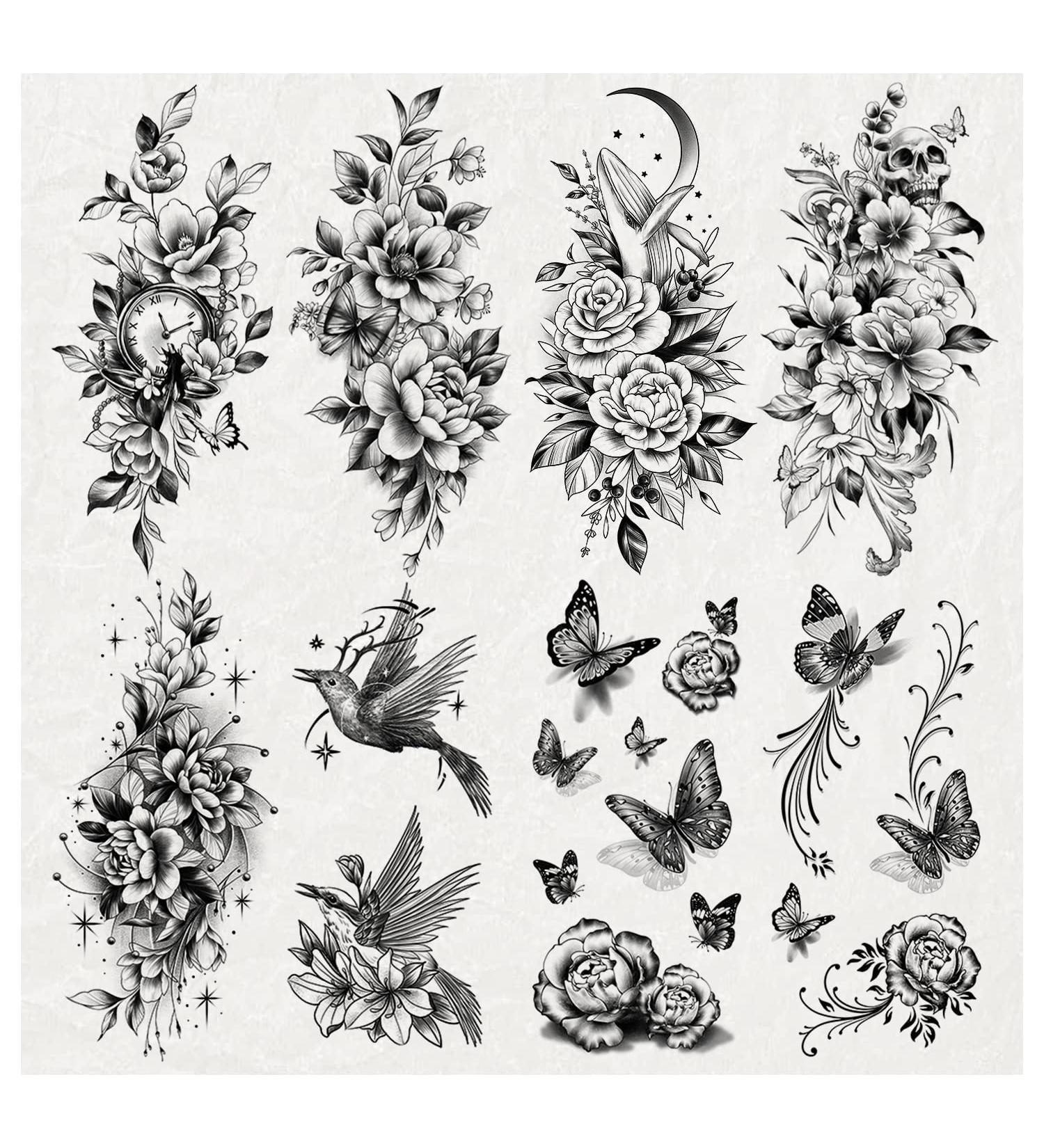 Large Black Flower & Butterfly Temporary Tattoos for Women - 10 Sheets - Buy Online on GoSupps.com