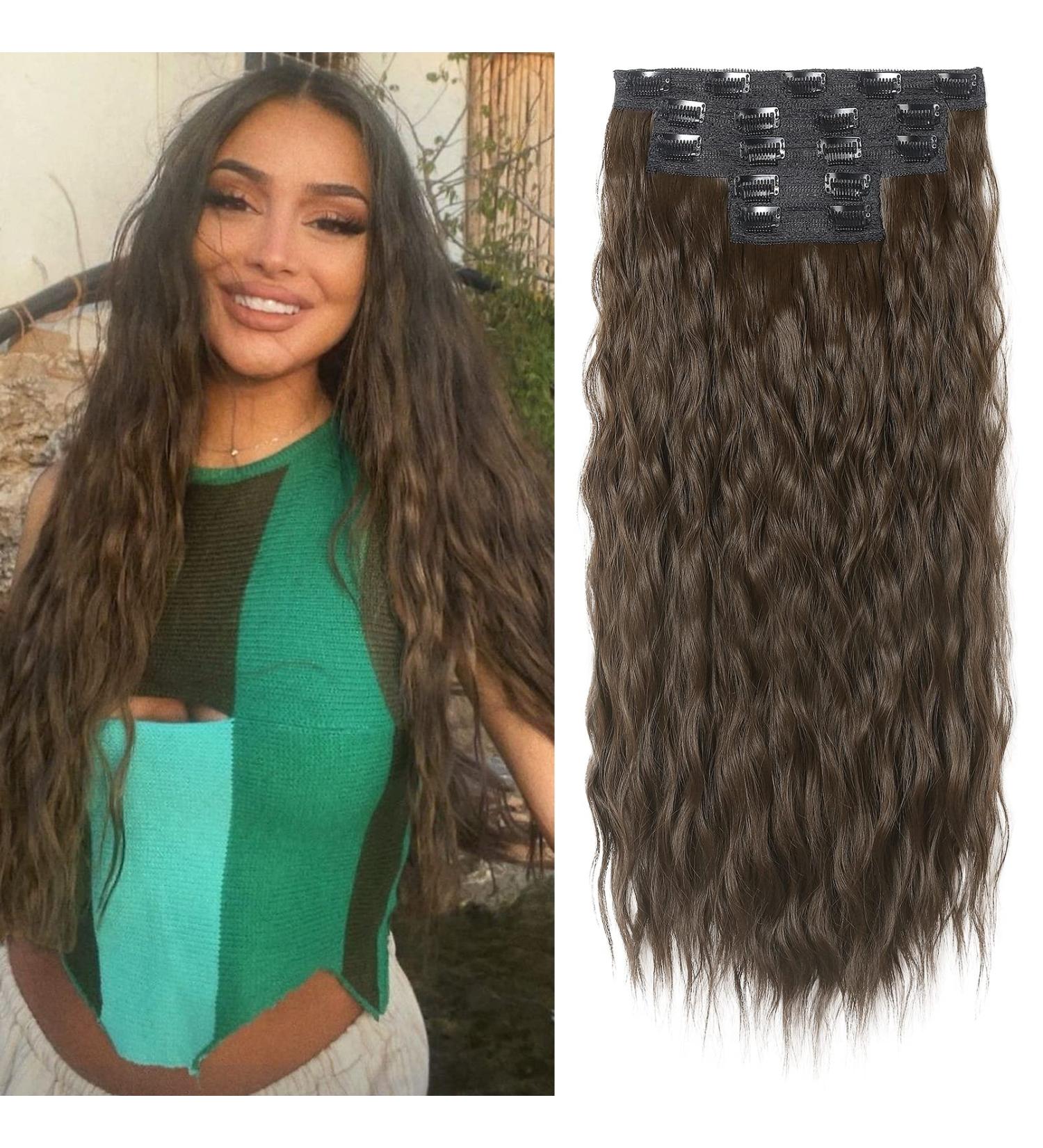 REECHO 5PCS Brown Clip in Hair Extensions 24 Thick Long Loose Waves - HE002 Invisible Lace Weft Natural Soft Hairpieces for Women - C Chocolate Brown - Buy Online on GoSupps.com
