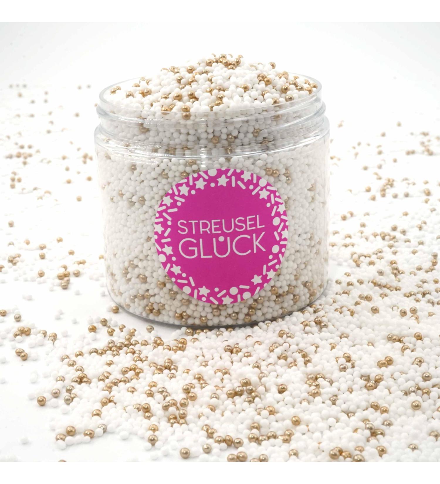 Strussel Happiness Crumbs - Pure White-Gold Sugar Pearls for Cakes Cupcakes & Holiday Treats | 180g - Buy Online on GoSupps.com