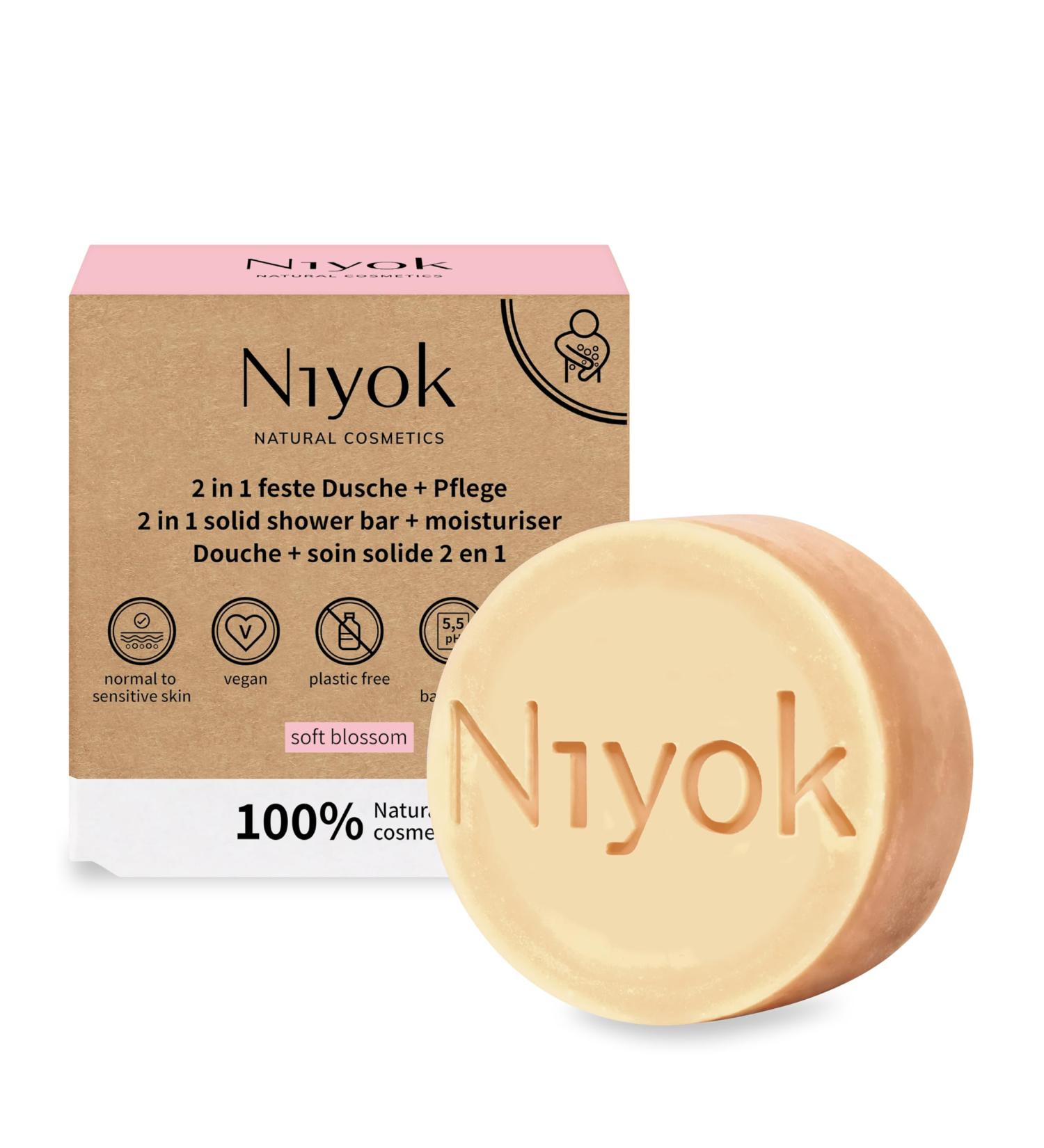  Niyok Niyok 2-in-1 Solid Shower and Care - Solid shower gel without palm oil - pH 5.5 skin-neutral - Plastic-free vegan - Can be used as an organic shower soap - Natural cosmetic - Moisturizes - Soft blossom (80 g) - Buy Online on GoSupps.com