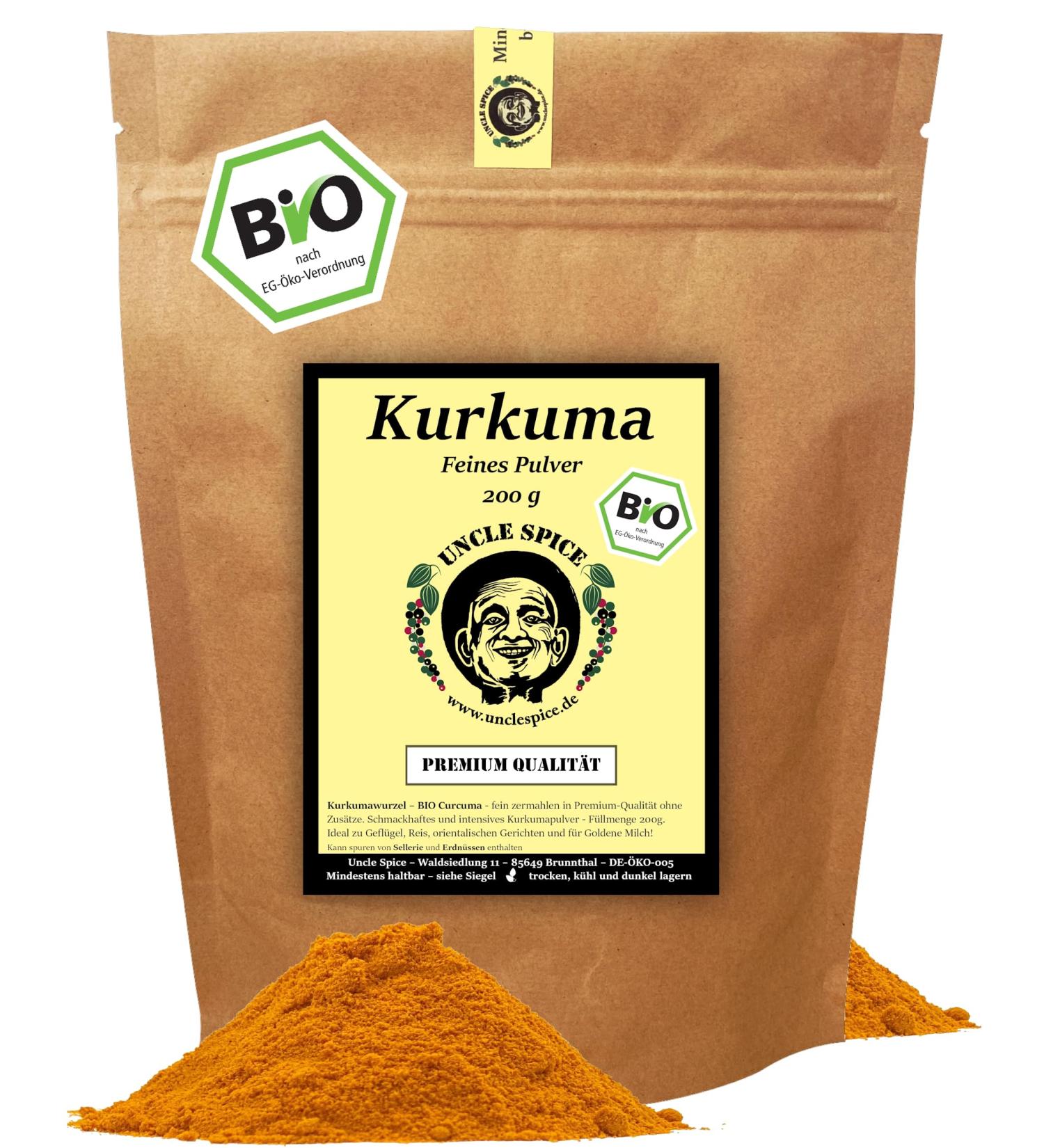 UNCLE SPICE Organic Turmeric Powder 200g - Premium Curcuma 2.5-3.5% Curcumin DE- KO-005 - Superfood for Health & Wellness - Buy Online on GoSupps.com