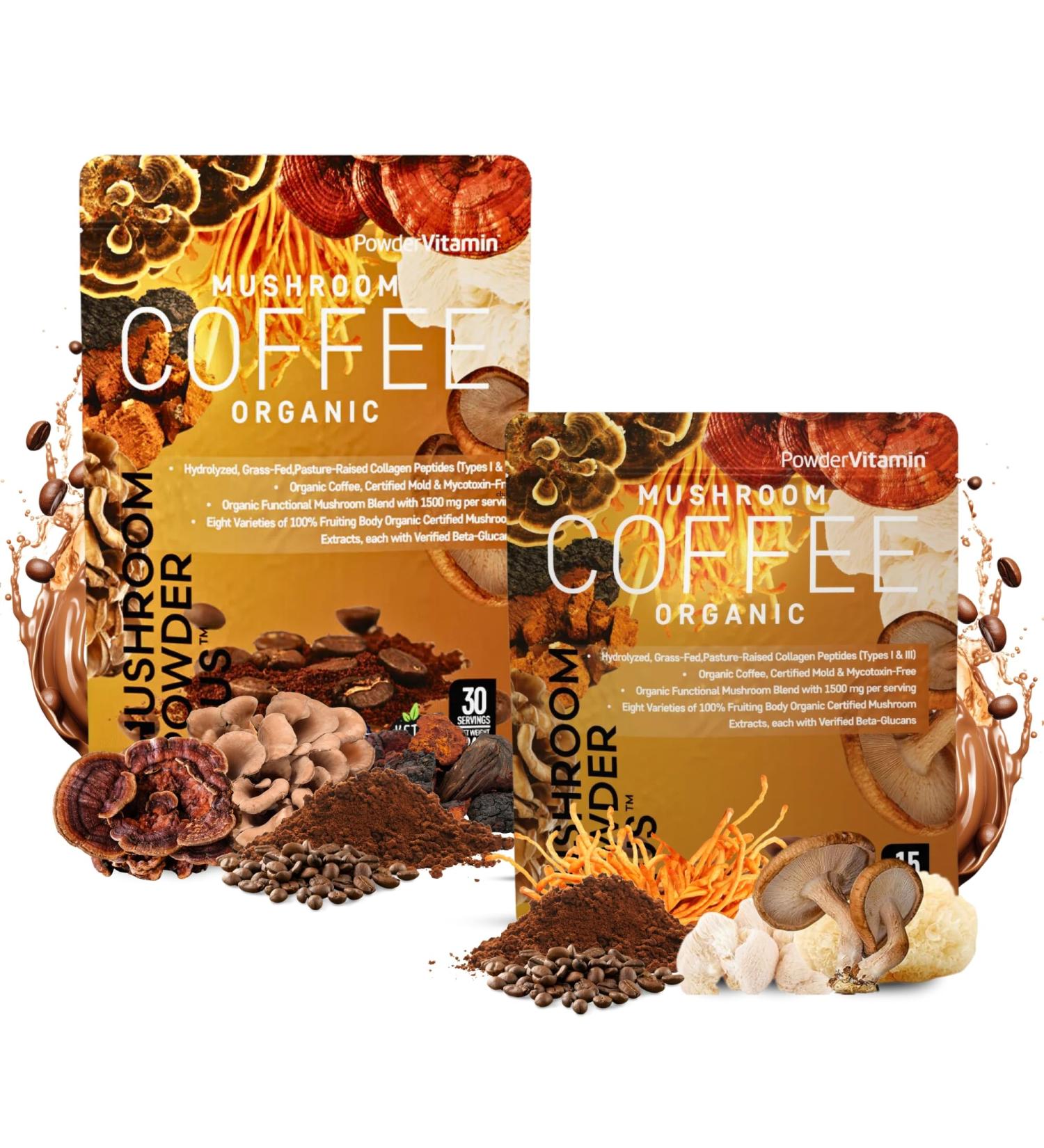PowderVitamin Mushroom Coffee Duo 8 Fruiting Body Mushrooms & Certified Mold & Mycotoxin Free Focus Energy & Immunity Support Joint Skin and Digestive Health (15+30 Servings Bundle) - Buy Online on GoSupps.com