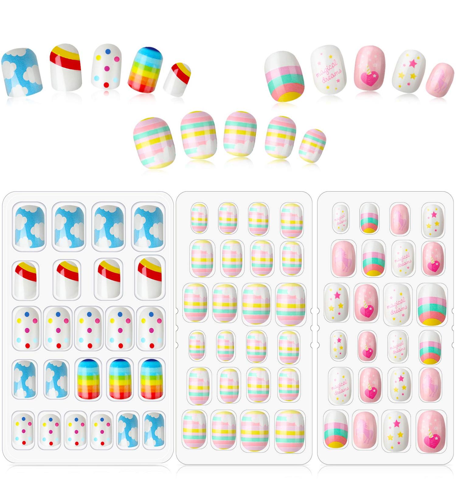 72 Pieces Kids False Nails - Rainbow Theme Full Cover Short Artificial Nail Kit for Girls - Children's Nail Design Decoration - 3 Boxes - Buy Online on GoSupps.com