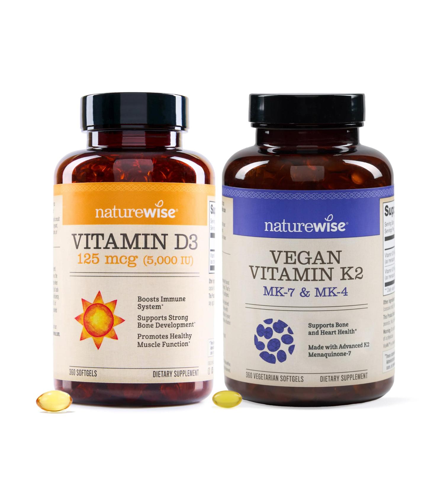 NatureWise Vitamin D3 5000IU (125mg) 360 Count + Vitamin K2 MK-7 100mcg and MK-4 500mcg 90 Count - Bundle for Bone & Heart Health - Gluten Free Non-GMO Halal Gelatin- 1 Year Supply - Buy Online on GoSupps.com