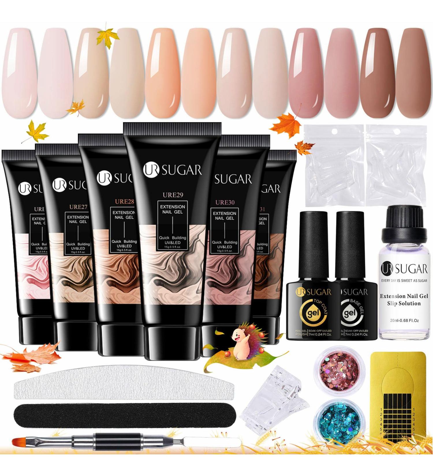 Ur Sugar Poly Gel Nail Set | 6 Colors Builder Kit for DIY Home Manicure | Base & Top Coat & Slip Solution Included | Perfect for Nail Extensions & Brown Shades - Buy Online on GoSupps.com