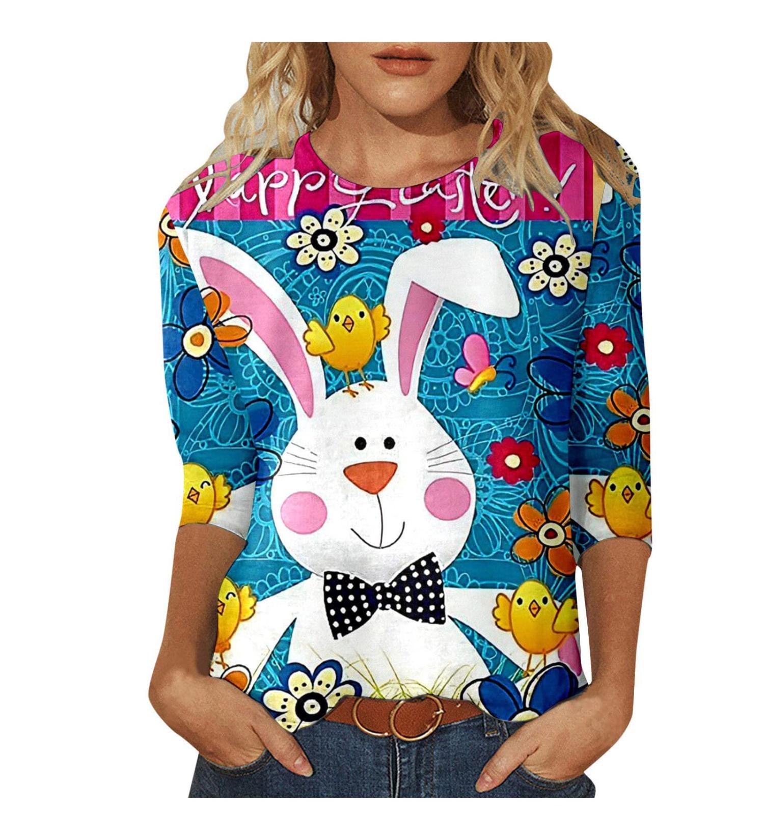 oelaio Women 3/4 Sleeve Tshirts Happy Easter Day 2024 Loose Fit Tops Tee for Women Crewneck Holiday Summer Funny Graphic Dark Blue Small - Buy Online on GoSupps.com