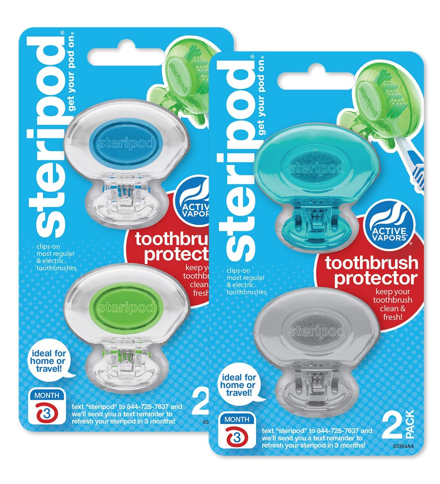 Steripod Clip-On Toothbrush Protector - 2 Pack Clear Blue/Green/Silver Colors - Buy Online on GoSupps.com