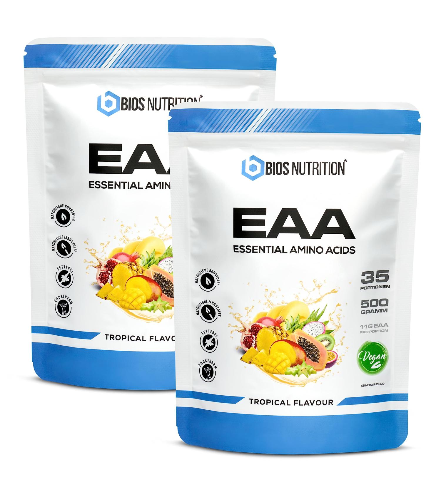 EAA Powder Tropical 1000g (2-Pack) - Vegan Essential Amino Acids | 11g Protein per Serving | No Aftertaste - BIOS Nutrition (Made in Germany) - Buy Online on GoSupps.com