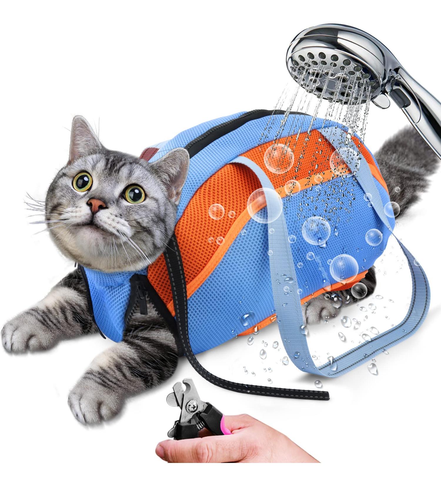 Adjustable Cat Swimming Bag - Anti-Bite & Scratch Protection | Hard-Wearing Mesh Shower Pocket for Small & Medium Cats - Buy Online on GoSupps.com