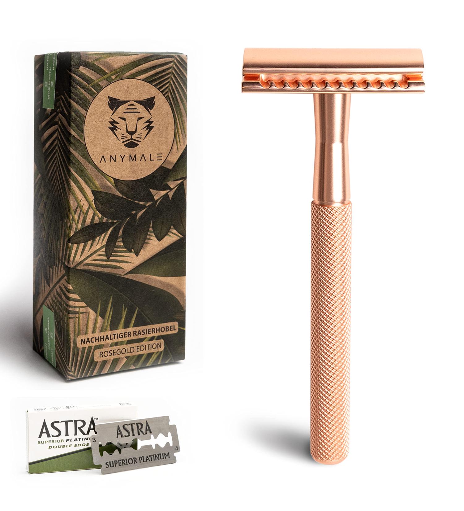 ANYMALE Safety Razor Rose Gold Edition - Eco-Friendly Ladies Razor with 5 ASTRA Blades - Plastic-Free Metal Design - Buy Online on GoSupps.com