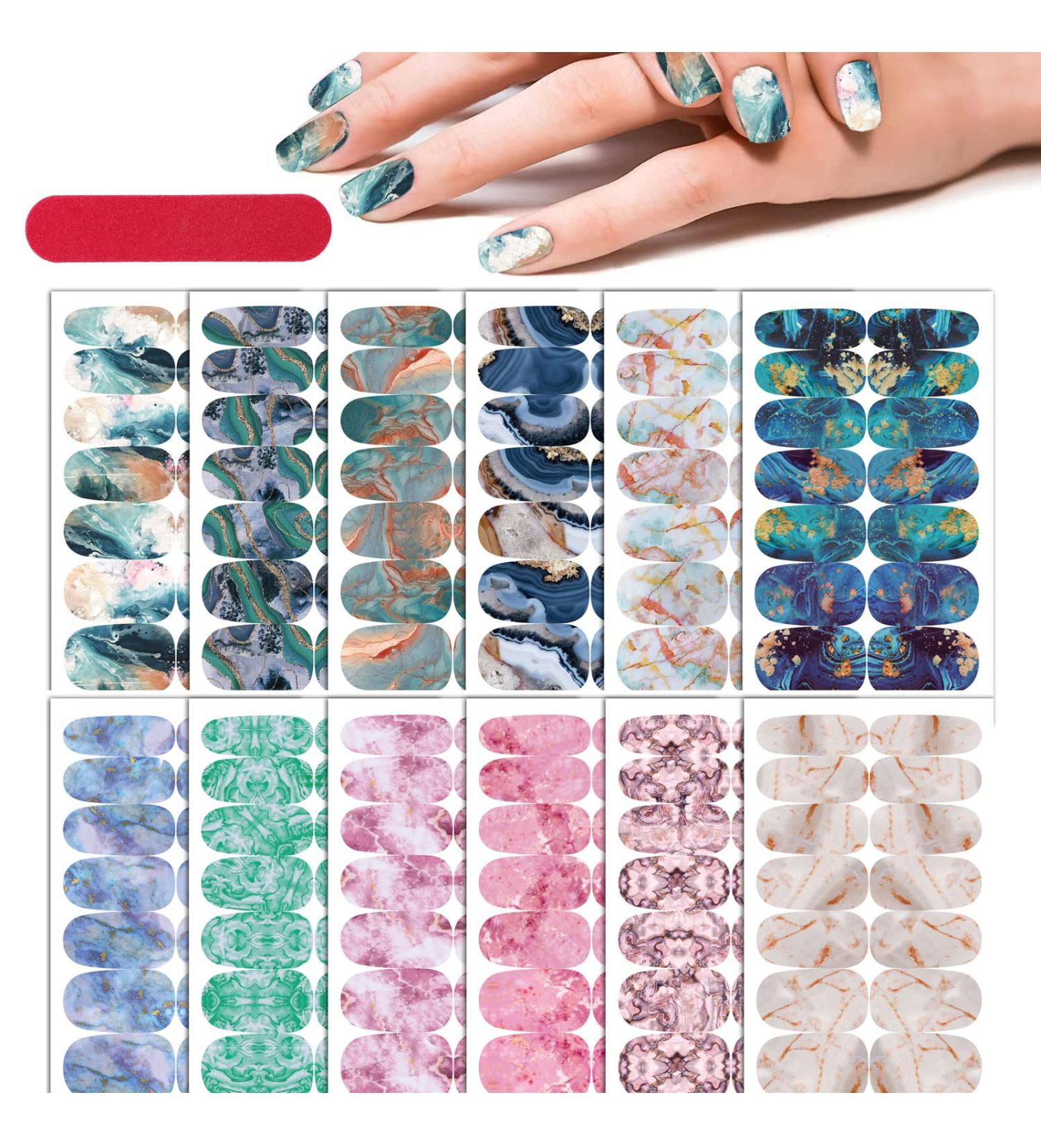 12 Sheets Gradient Marble Nail Polish Strips Stickers Self Adhesive Starry Full Nail Wraps Stickers Gel Nail Art Decal Strips with Nail File for Women Girls Manicure Decoration - Buy Online on GoSupps.com