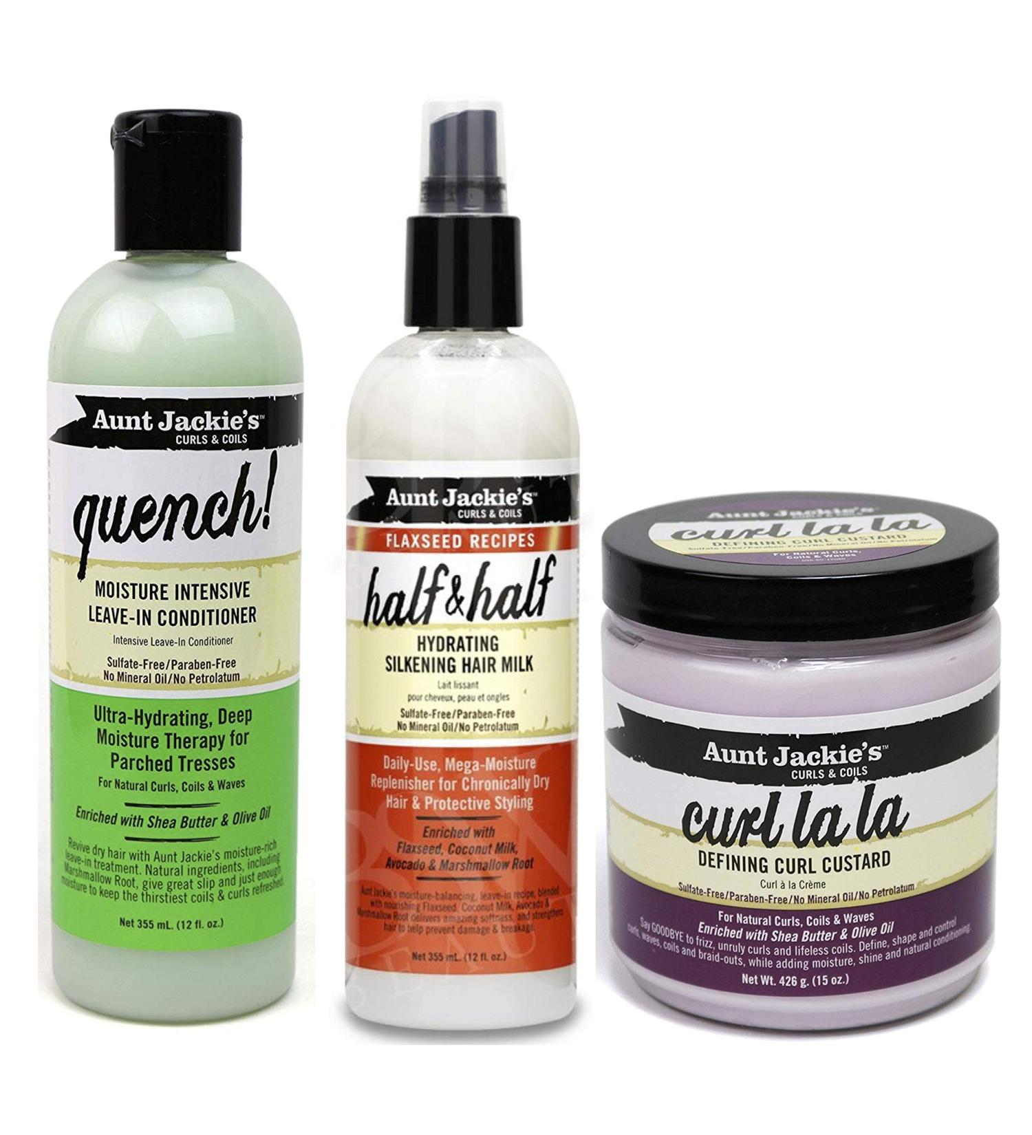 Aunt Jackies Curls & Coils - Lot de 3 soins capillaires - apr s-shampoing sans rin age hydratant Quench 355 ml/gel pour boucles Curl La La 426 g/lait hydratant effet brillant Half n Half 355 ml 355 ml (Lot de 3)