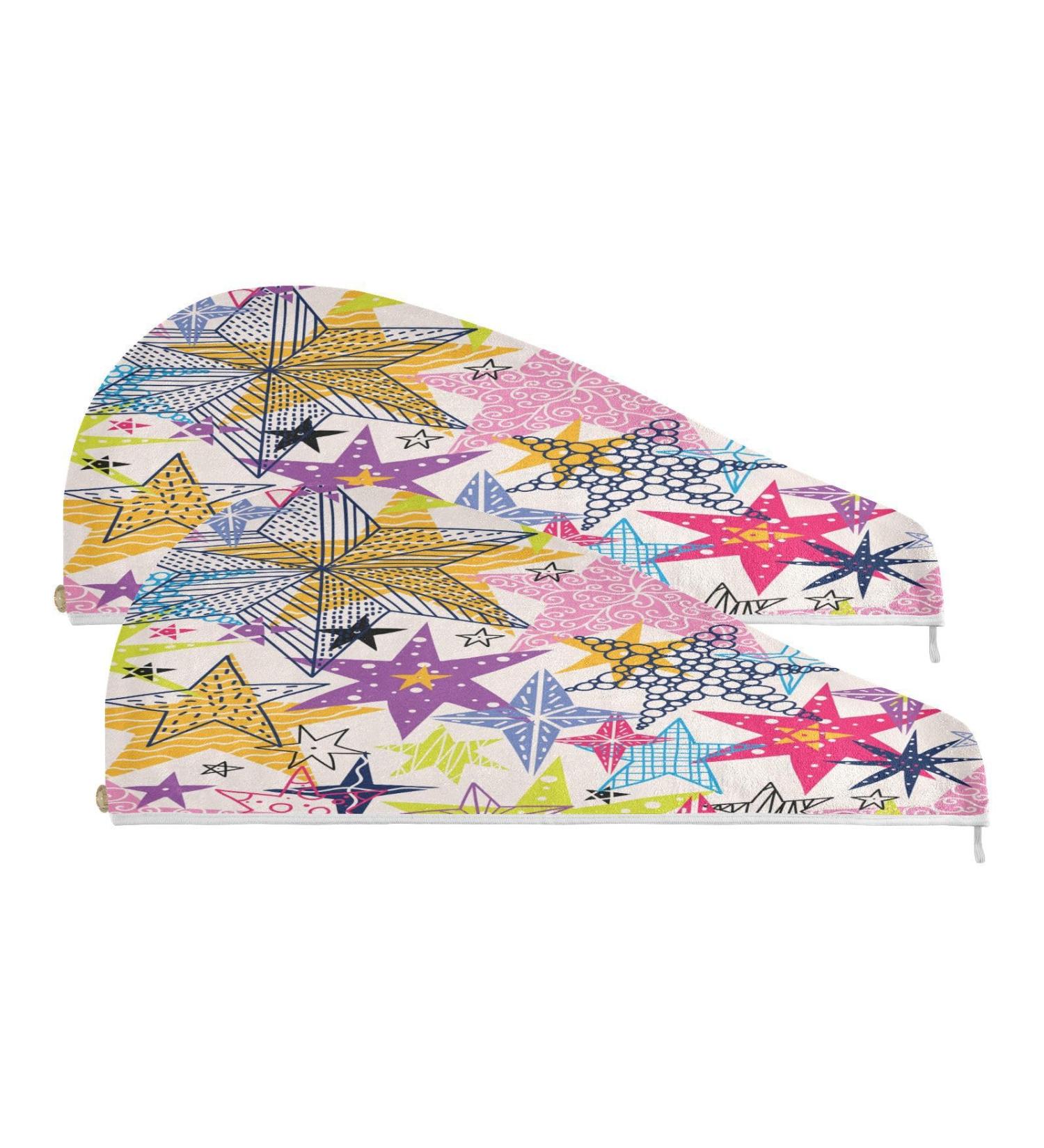Colorful Doodle Star Dry Hair Cap & Button Headband Set | Quick Drying Super Absorbent Towel | Soft & Comfortable | International Shipping Available - Buy Online on GoSupps.com