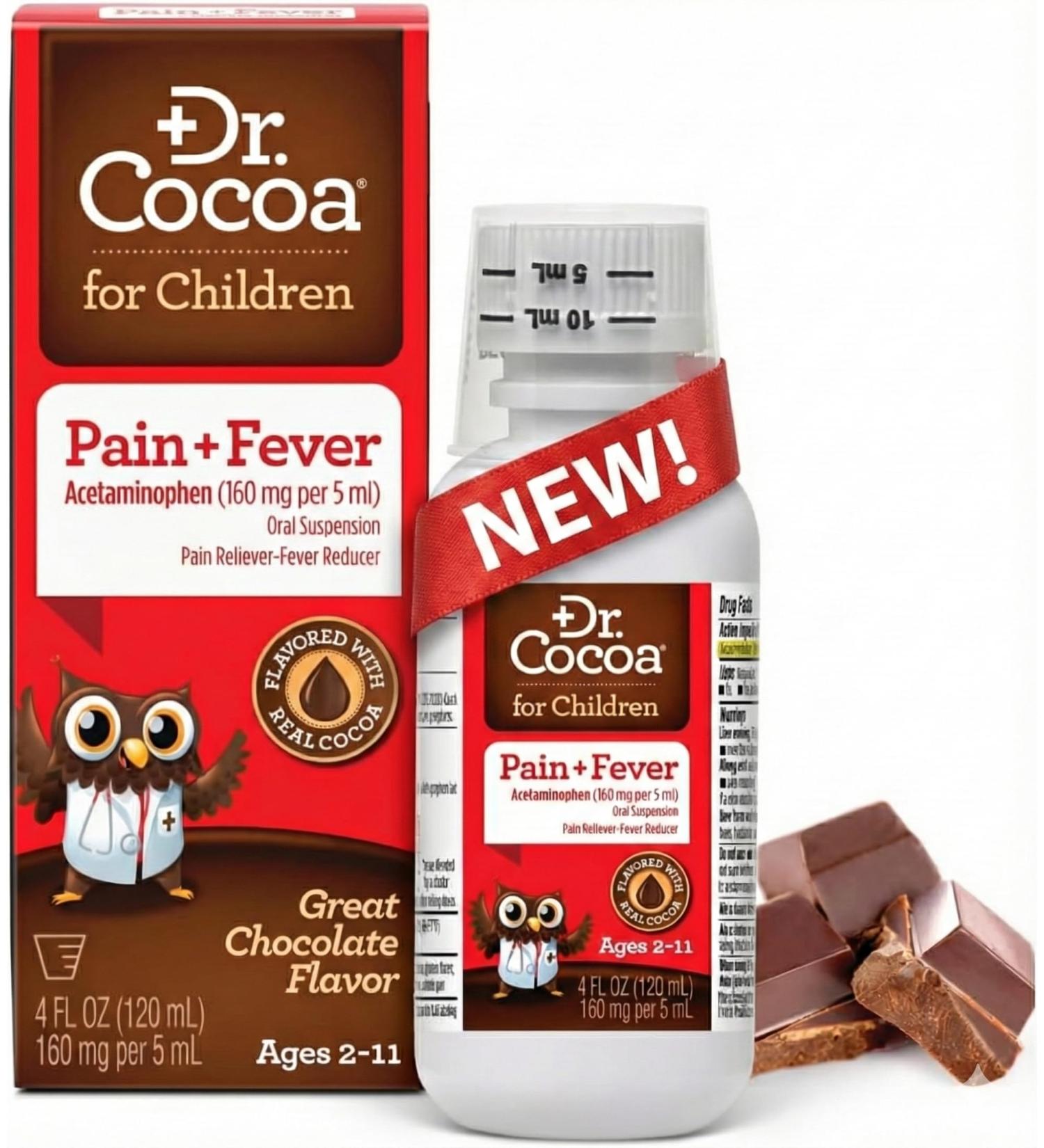 Dr. Cocoa Children's Pain Relief & Fever Reducer | Acetaminophen 160mg/5mL | Real Chocolate Flavor Kids Love | Ages 2-11 | Dye-Free No HFCS | 4 FL OZ with Dosing Cup - Buy Online on GoSupps.com