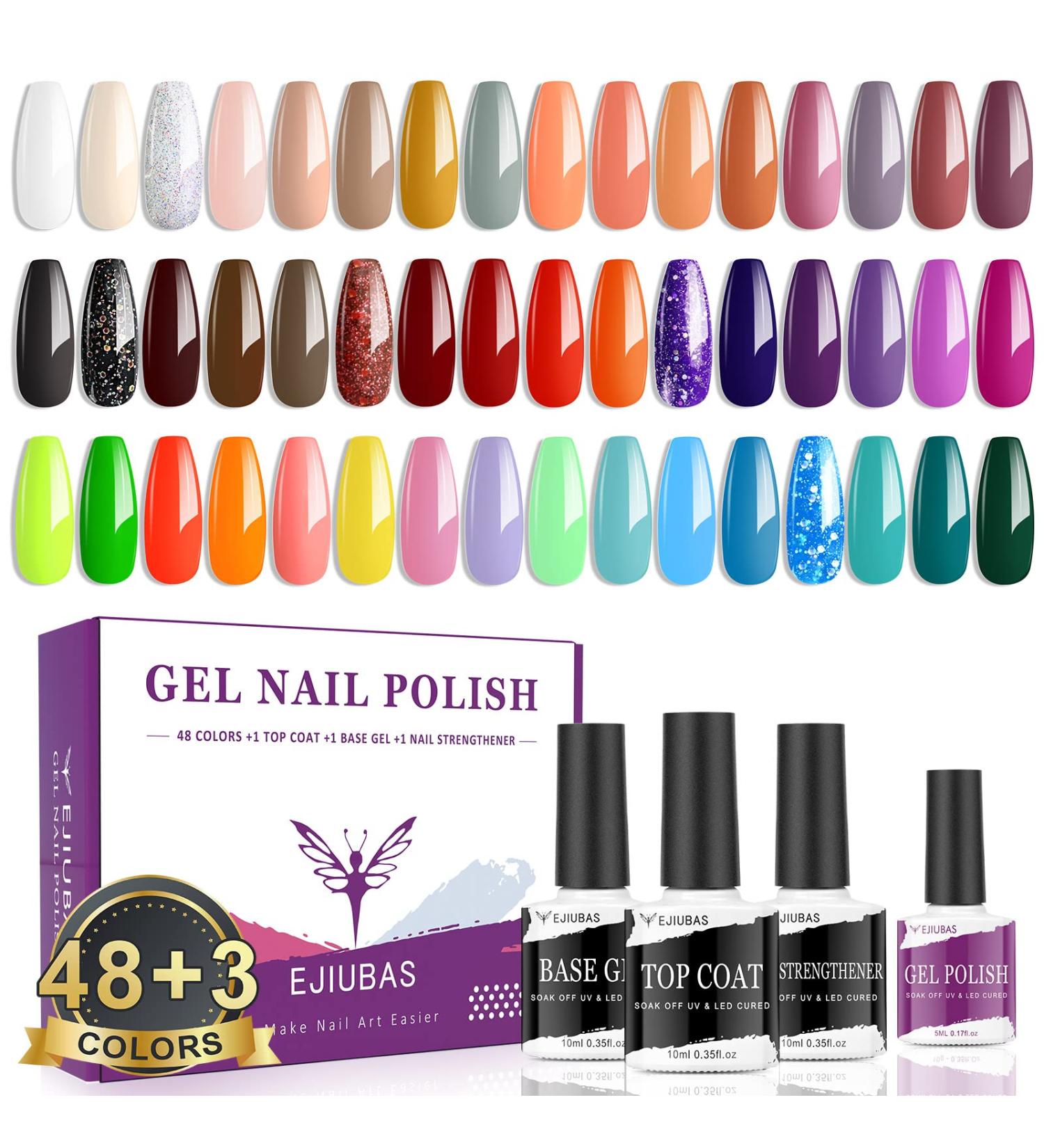 Ejiubas Gel Nail Polish Kit - 51 Long-Lasting Colors with Glossy Top Coat, Base Coat, and Nail Strengthener - All Seasons Soak Off Set - Buy Online on GoSupps.com