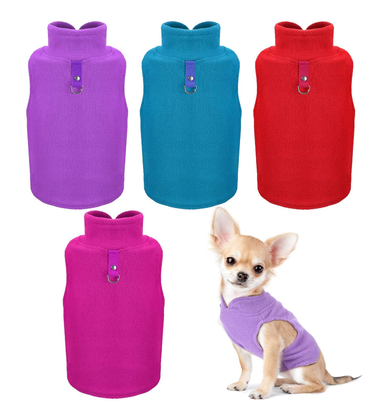 Dog Fleece Vest 4-Piece Set | Cozy Winter Jacket for Small Dogs | Pet Sweater Vest with Leash Ring | Purple Blue Rose Red - Buy Online on GoSupps.com