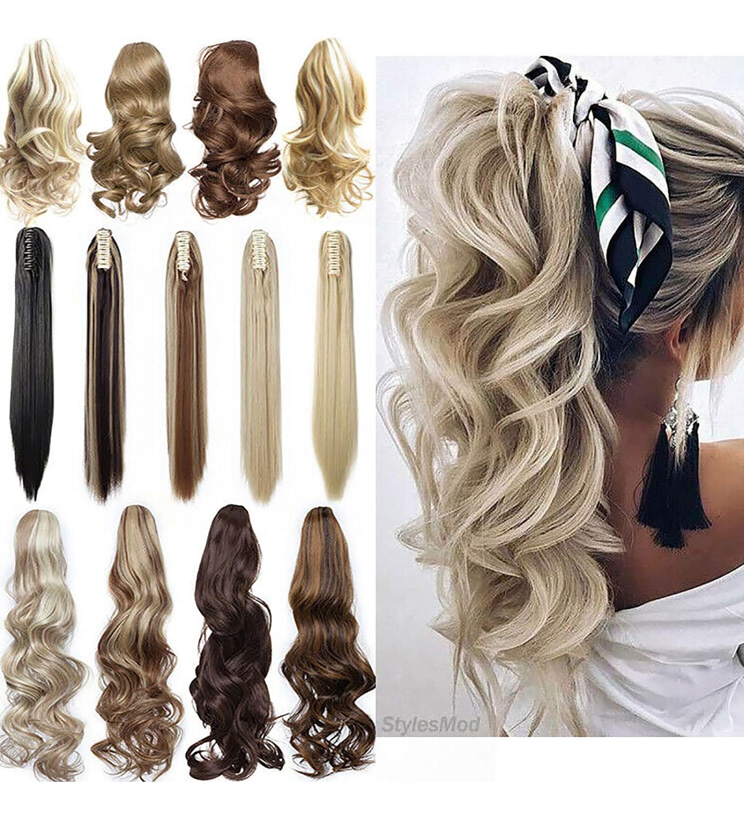 Long Short Claw Ponytail Hair Extension 12- Curly Dark Brown & Sandy Blonde- Clip-In Synthetic Hairpiece - Buy Online on GoSupps.com