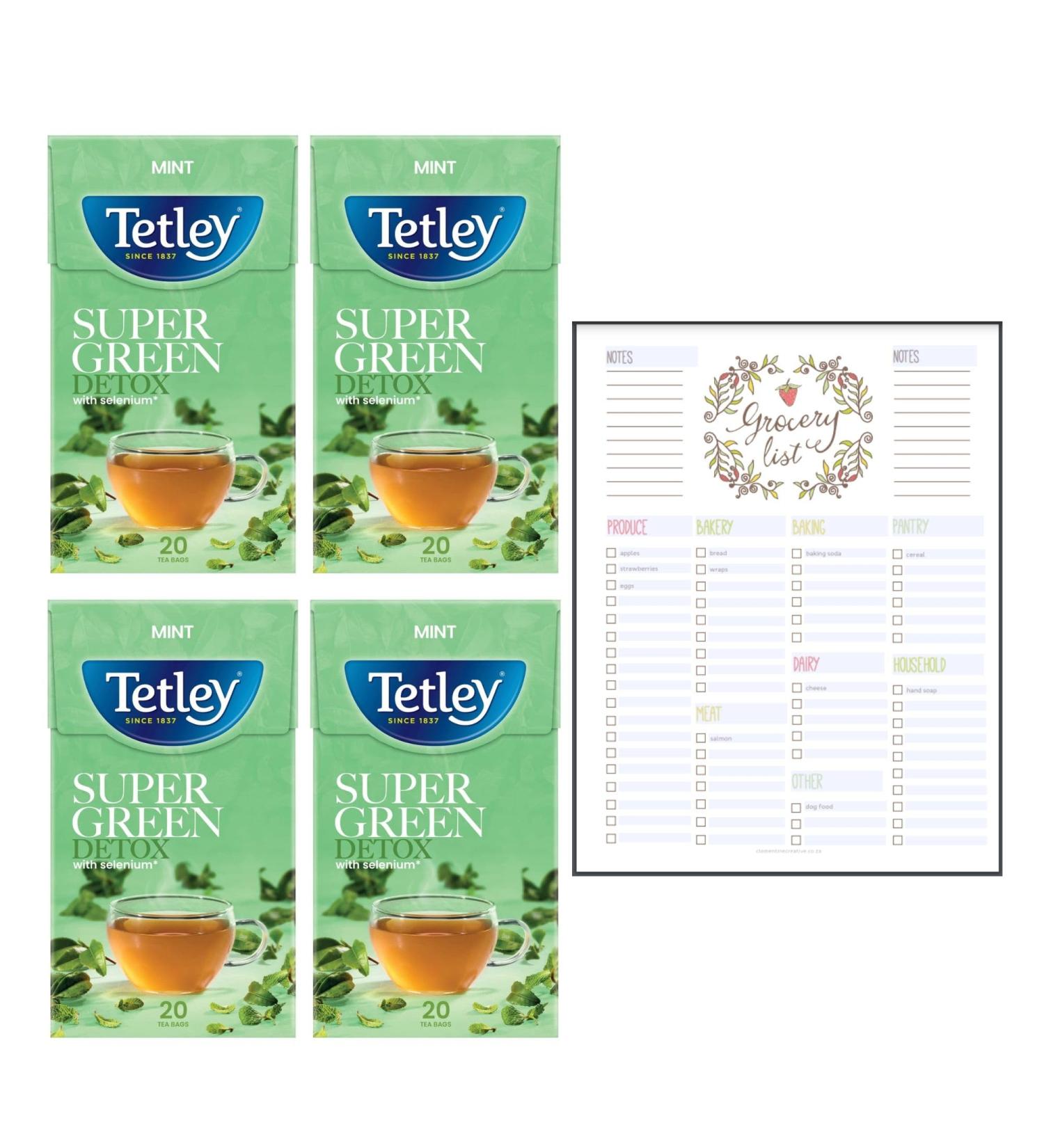 Green Tea Bundle which Contains Tetley Super Green Detox Mint Tea Bags 20 per pack - Pack of 4 with Grocery List Card - Buy Online on GoSupps.com