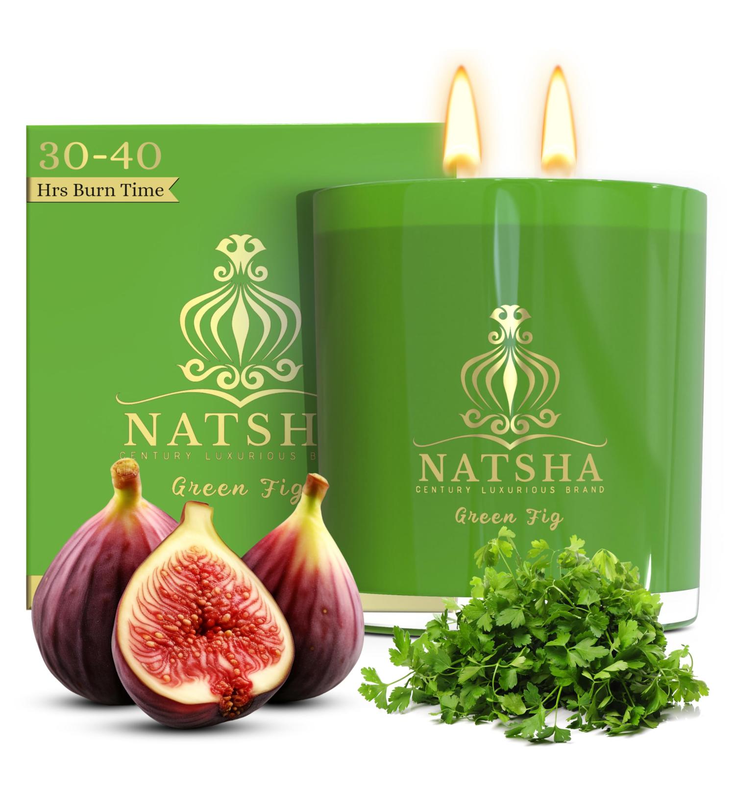 NATSHA Soy Wax Candle | Long-Lasting Non-Toxic Clean Burning | Natural Green Fig & Rose Scented Candle - Eco-Friendly & Soot-Free - Buy Online on GoSupps.com