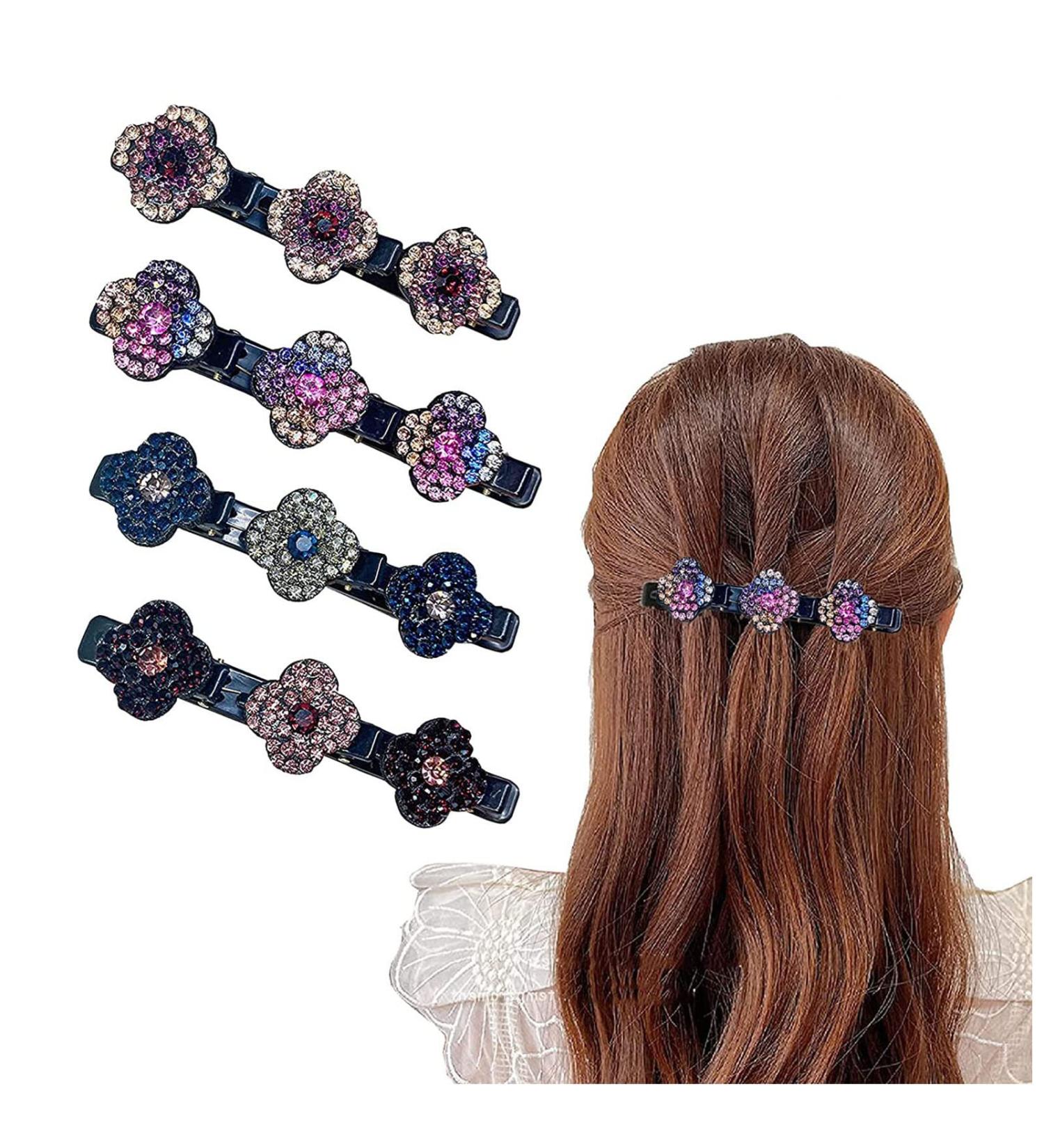Sparkling Crystal Stone Braided Hair Clips Set - 2022 New Women's Satin Fabric Bands with Rhinestone Clover Detail (Pack of 4) - Buy Online on GoSupps.com