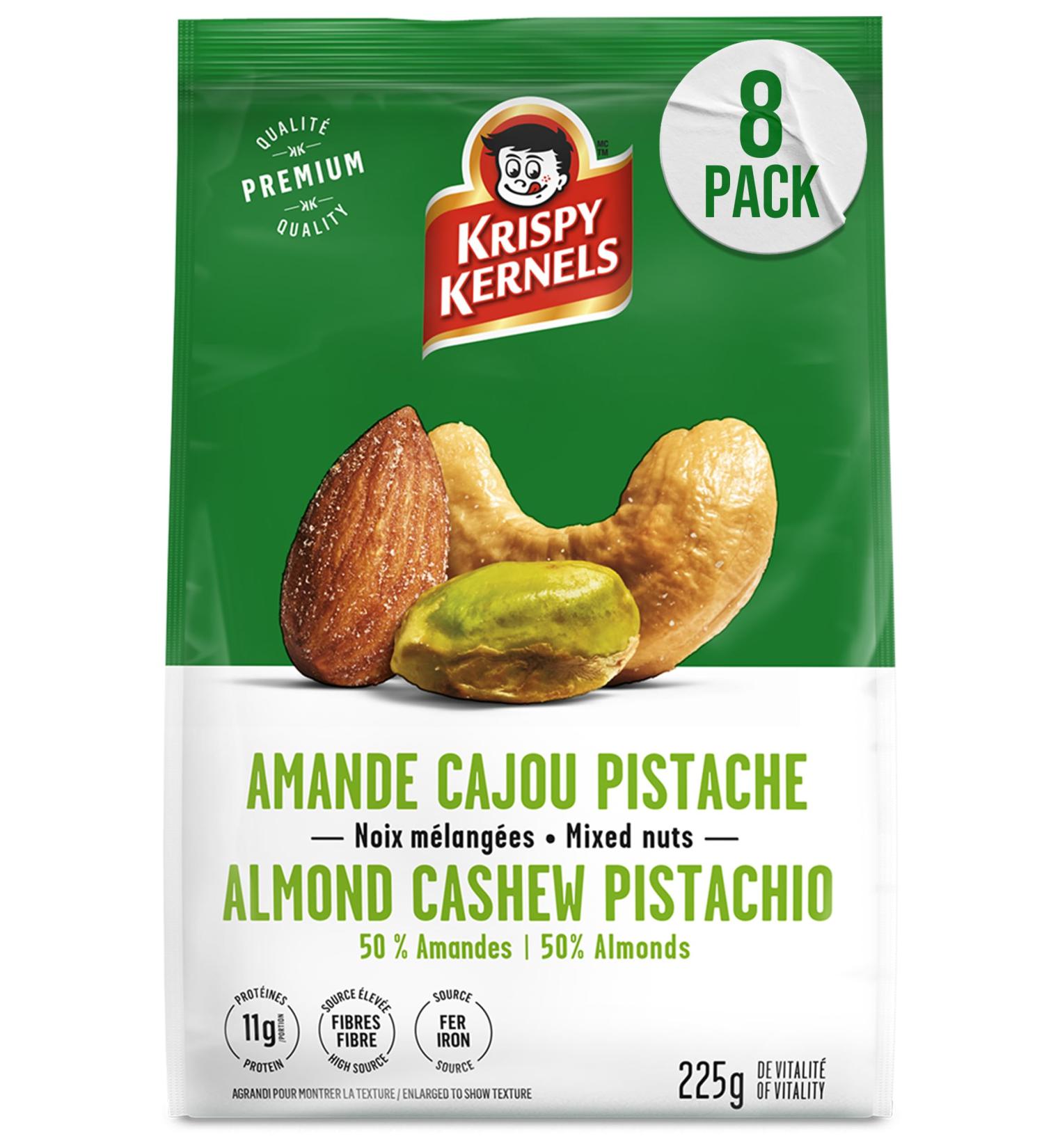 Krispy Kernels Almonds Cashews & Pistachios Mixed Nuts - 50% Almonds Freshly Roasted Nuts Crunchy Sweet Rich in Fibre Iron and Protein Delicious Snack Pack Made in Canada - 8 x 225g - Buy Online on GoSupps.com